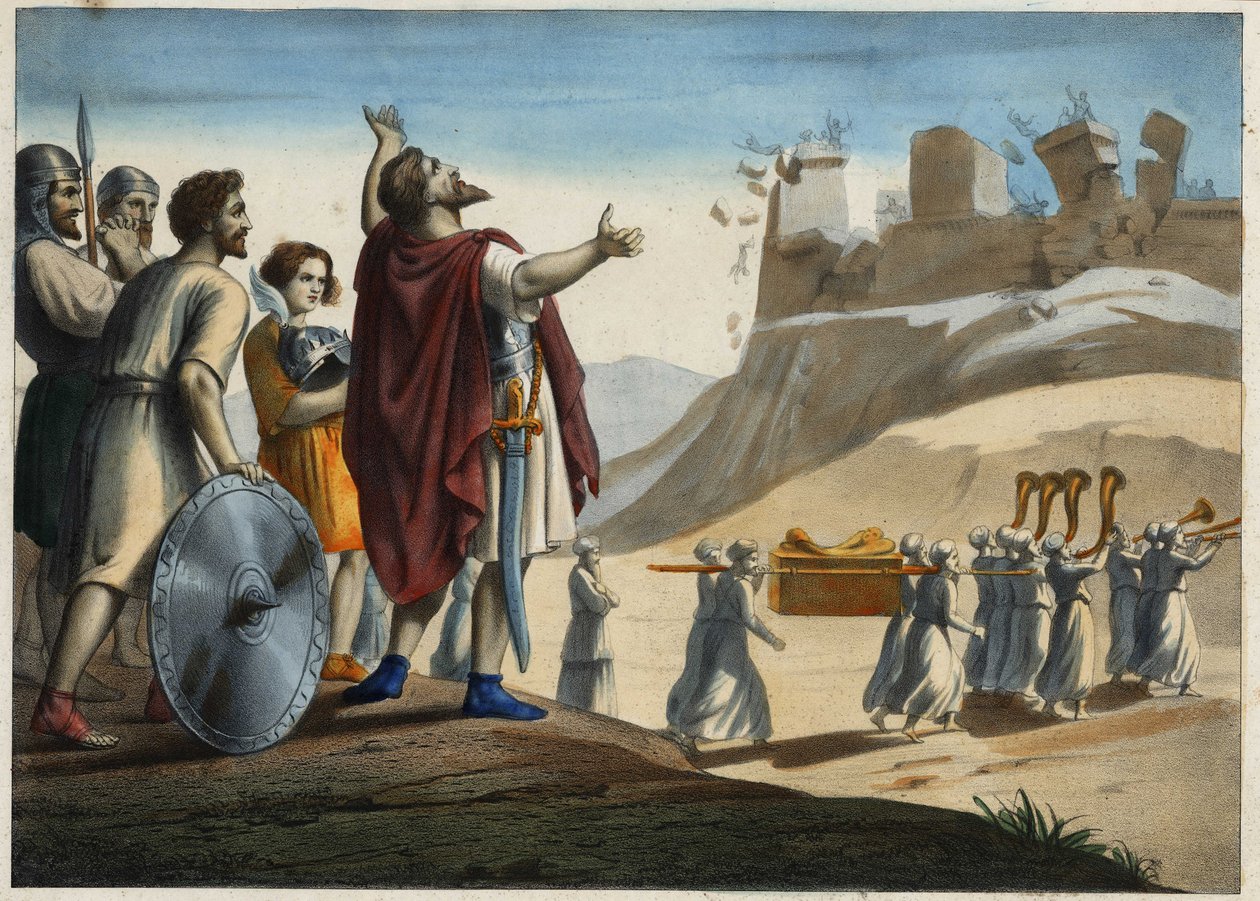 Josva før byen Jeriko (den første byen tatt av Josva og jødene under erobringen av det lovede land). Veggene smuldrer opp til lyden av trompetene. Anonym gravering fra 1800-tallet. av Unknown artist