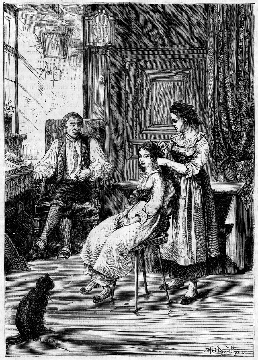 Josue Heilmann (1796-1848), en fransk oppfinner, observerer døtrene hennes gre håret. Han iførte seg i denne scenen for å lage den mekaniske kammen i 1843. Gravering i "" La Nature: revue des sciences et de ses applications aux arts et a l