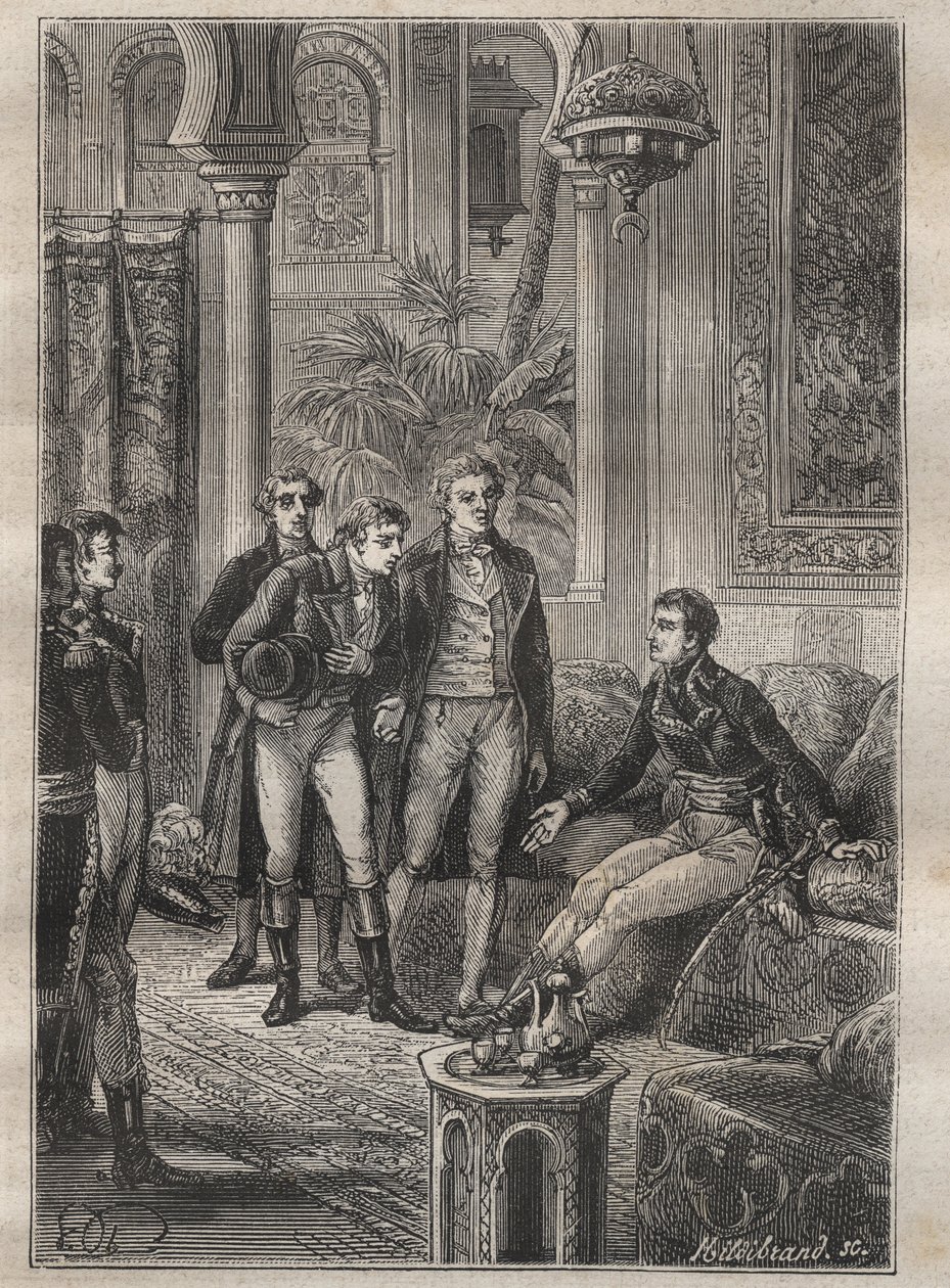 Reise (1798) av Frederic Conrad (Konrad) Hornemann (1772-1801) til Fezzan (Libya): Hornemann blir ønsket velkommen av Bonaparte i Kairo (Egypt) - illustrasjon fra "The Great Mariners of the 18th century"" av Unknown artist