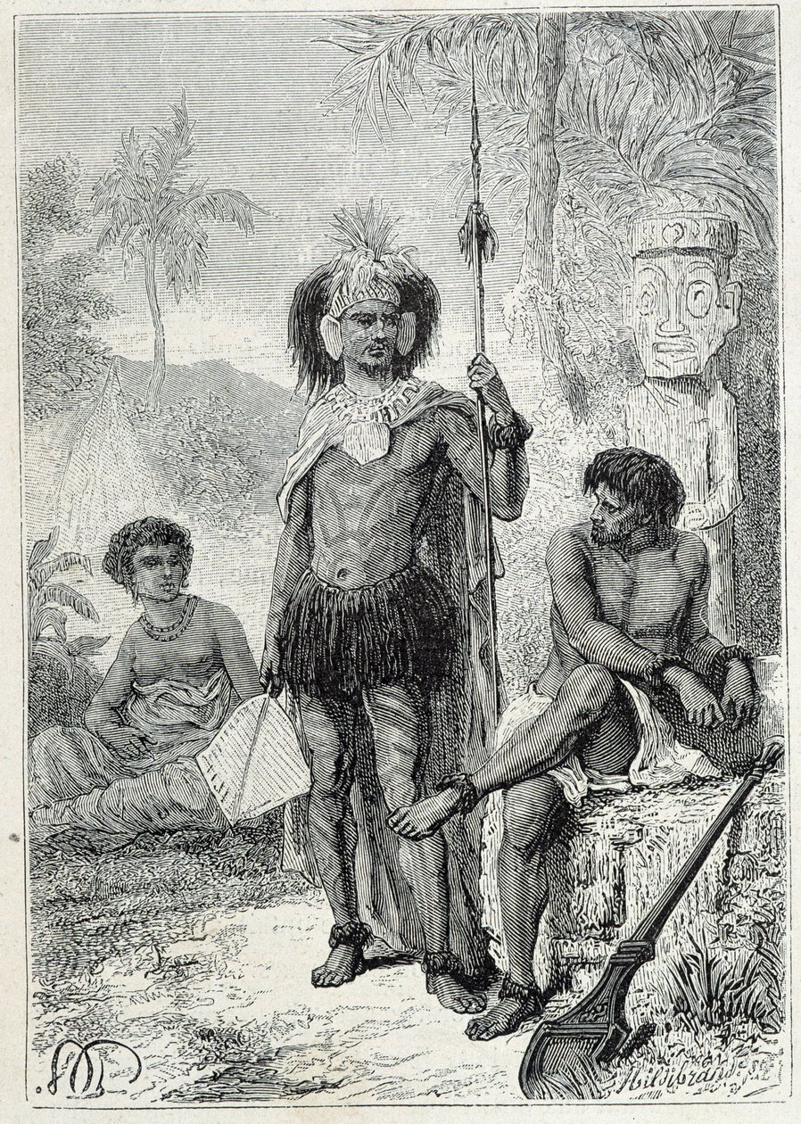 Journey of Captain James Cook (1728-1779): innfødte på Marquesas-øyene - illustrasjon hentet fra "The Great Mariners of the 18th century"" av Unknown artist