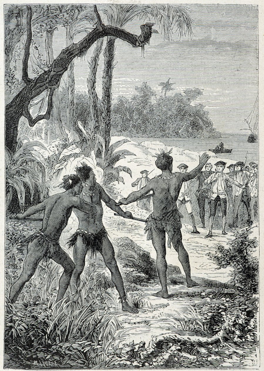 Reisen til kaptein James Cook (1728-1779) til New Guinee: det første møtet med de innfødte, illustrasjon hentet fra "The Great Mariners of the 18th century"" av Unknown artist