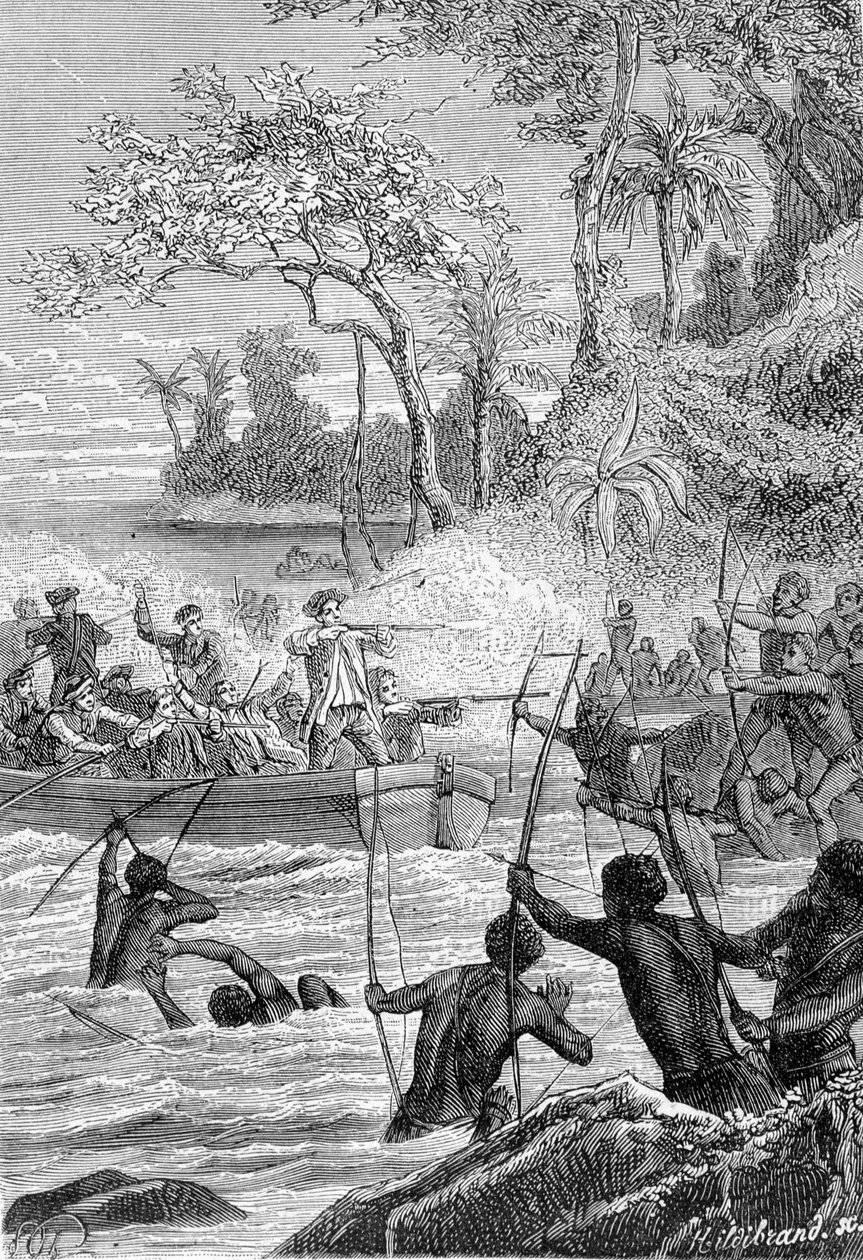 Reisen til Carteret i Ils of Santa Cruz, ikke til øya Nendo (Santa Cruz, Ndeni, Nitendi eller til og med Ndende): Angrep av de innfødte med pilene - illustrasjon hentet fra "The Great Mariners of the 18th century" ” av Unknown artist