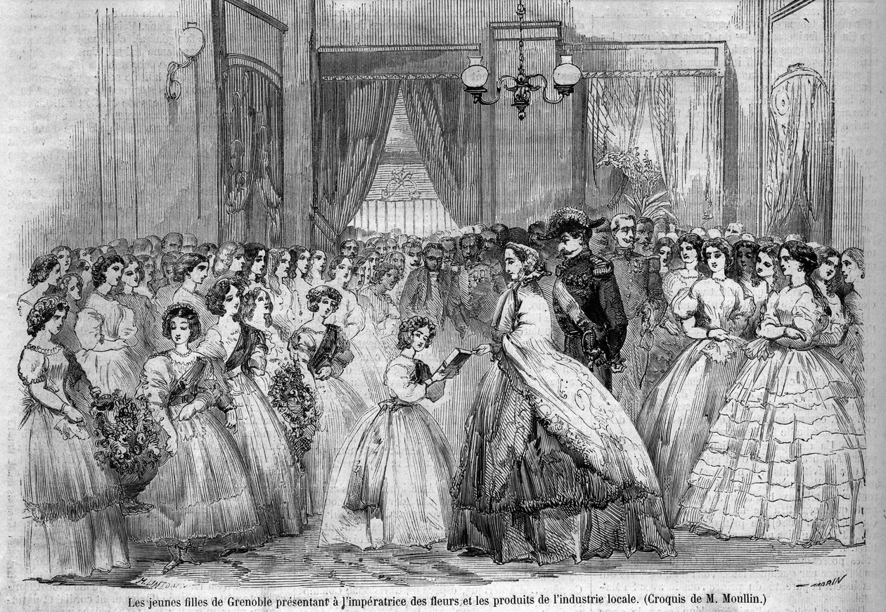Reise til keiser Napoleon III (1808-1873) og hans kone Eugenie de Montijo (1826-1920) til hertugen av Savoy etter annekteringen av greven av Savoy (Mars Torino-traktaten): her møter det keiserlige paret som besøker Grenoble unge jenter som kom for å presen av Unknown artist