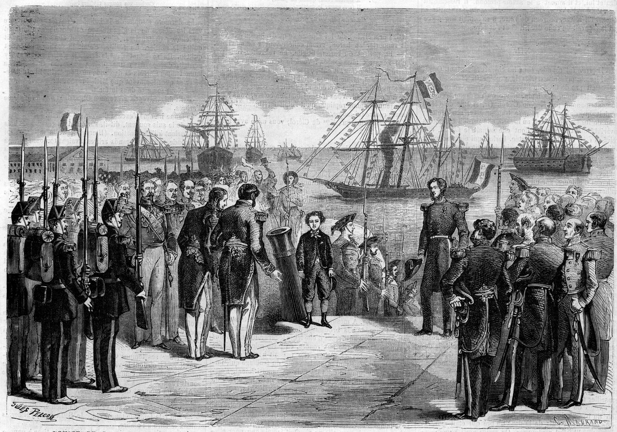 Journey of His Majesty the Imperial Prince Napoleon Eugene Louis Jean Joseph Bonaparte (1856-1879), son of Napoleon III, to Cherbourg, France: the prince on board the yacht “Queen Hortense””. Engraving in “” The Illustrious Universe”” av Unknown artist
