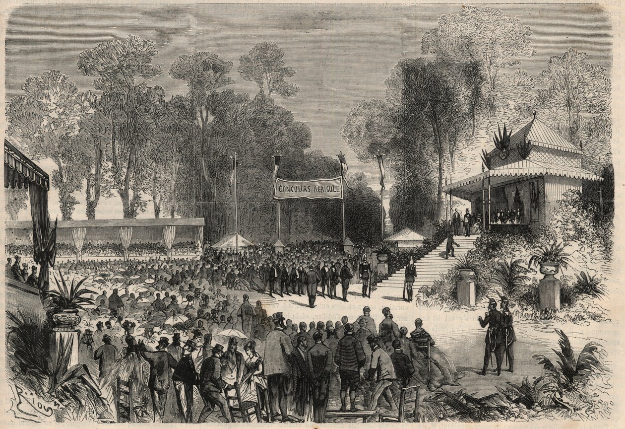 Reisen til Napoleon III (1808-1883) og imponen Eugenie de Montijo (1826-1920) til Rouen: utdeling av priser ved landbrukskonkurransen. Gravering i "" L'Univers illustrious"" av Unknown artist