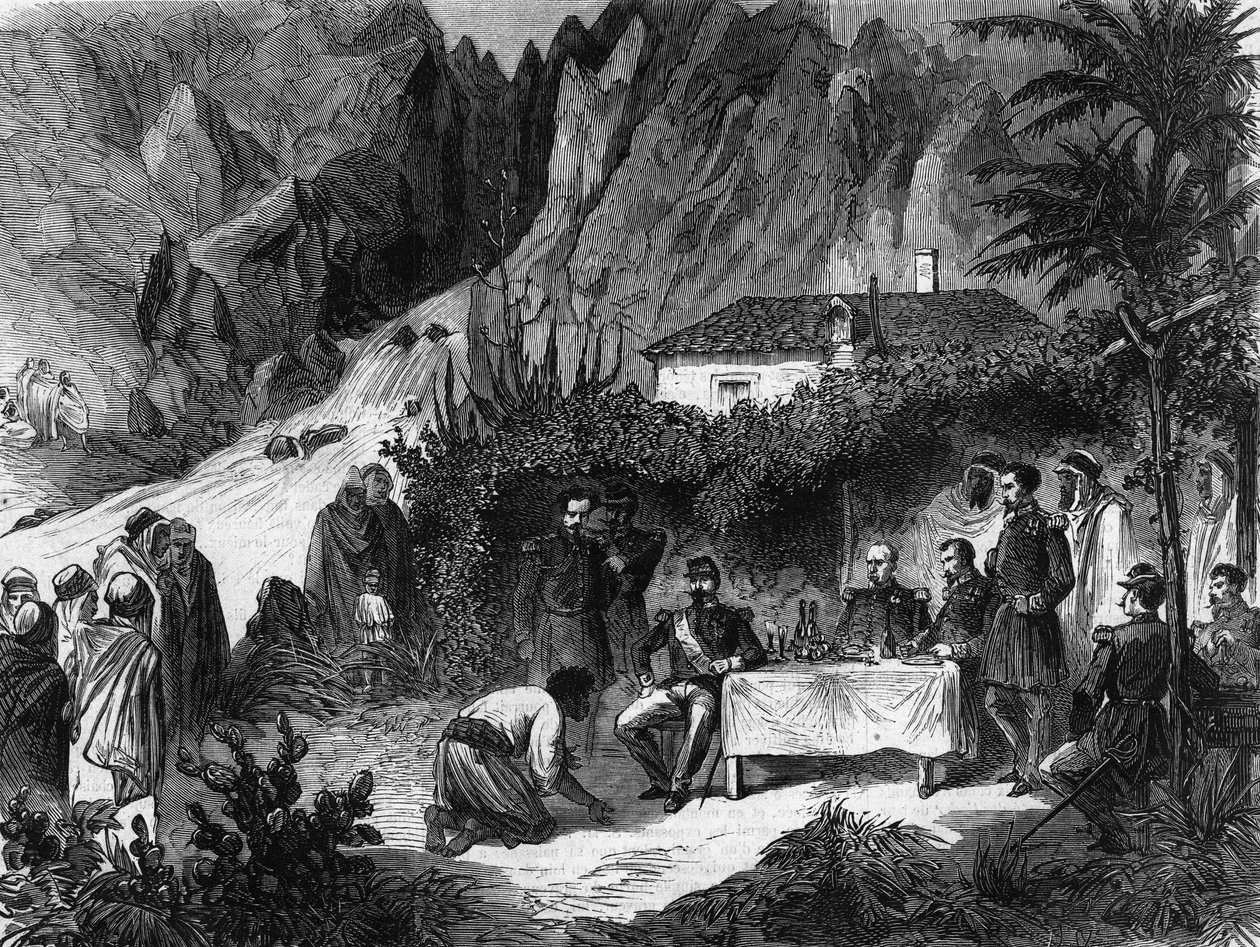 Reisen til Napoleon III, franskmennenes keiser, til Algerie. September 1860. Napoleon III lunsj ved apekakken mottar Barka. Gravering fra 1865. av Unknown artist