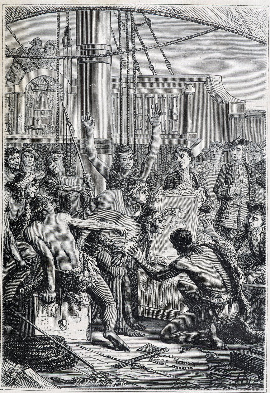 Reisen til Samuel Wallis (1728-1795) til Polynesia: urfolks etonnes ved et speil - illustrasjon hentet fra "The Great Mariners of the 18th century" av Unknown artist