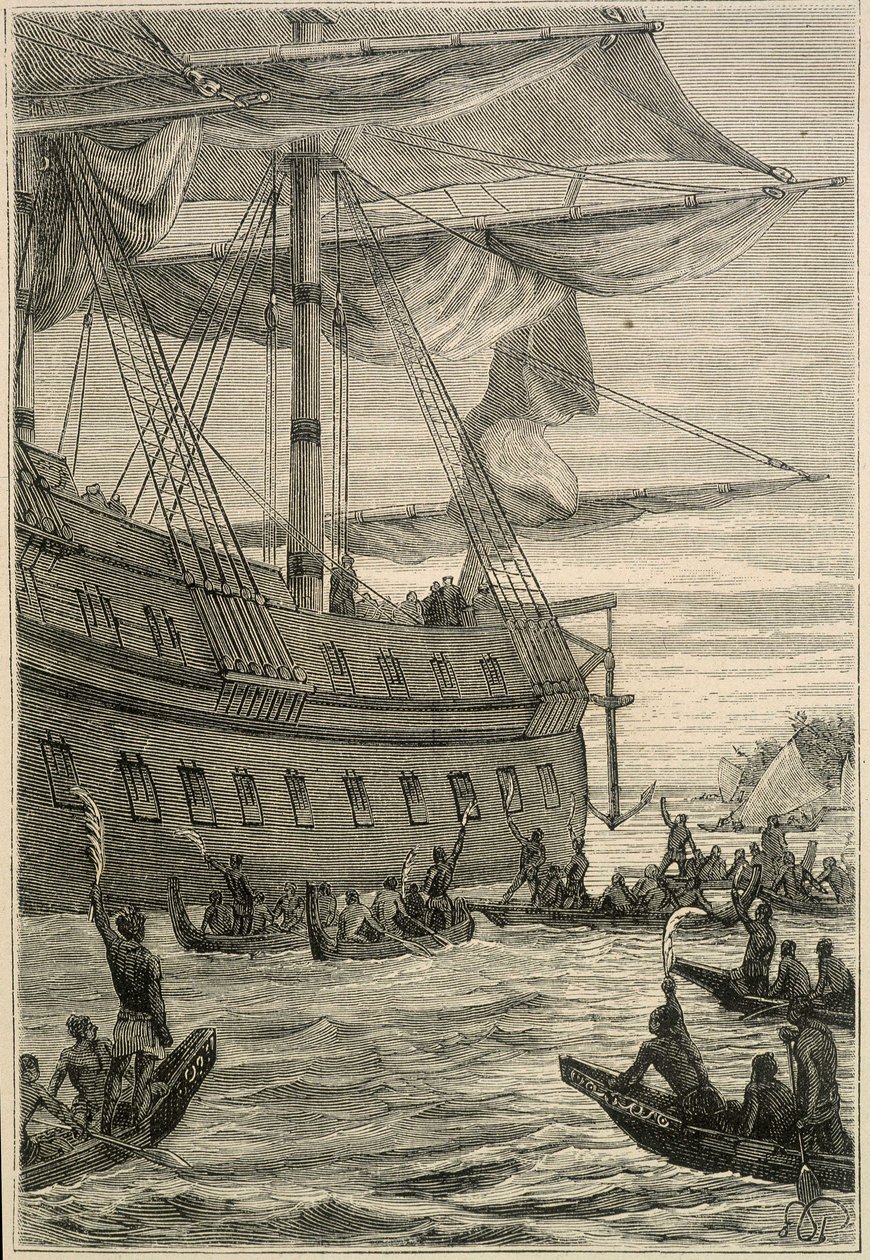 Reisen til Samuel Wallis (1728-1795) til Polynesia: urbefolkning som holder banangrener i hånden som en velkomsthilsen - illustrasjon fra "The Great Mariners of the 18th century"" av Unknown artist