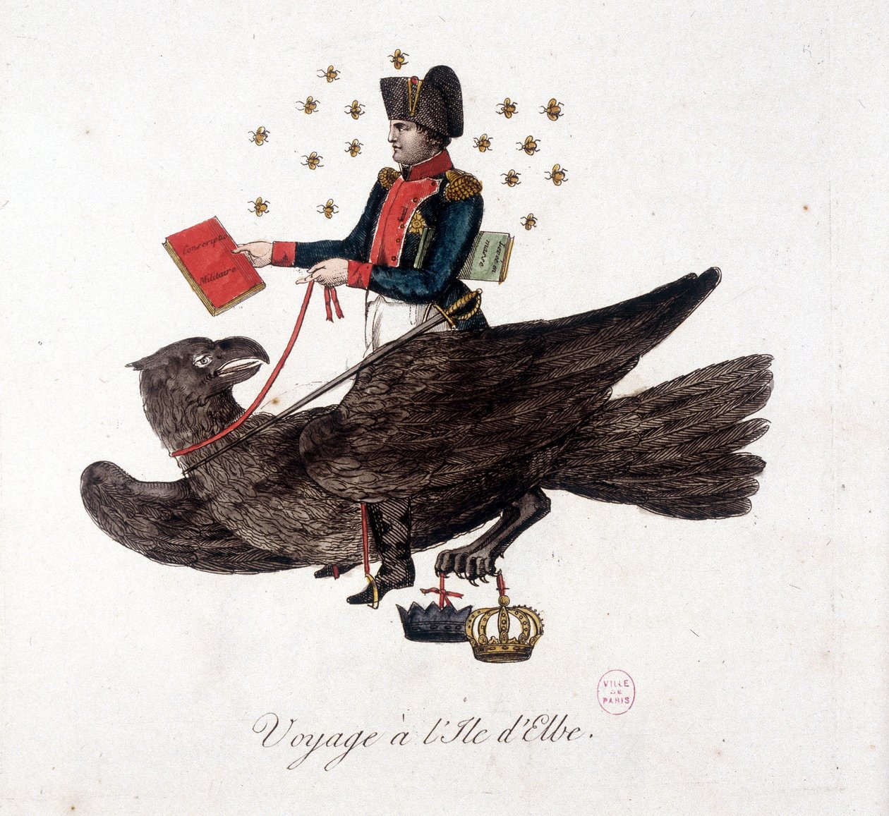 Reise til Elba Island: Napoleon rir på en ørn, holder bøkene om militær verneplikt og masseløfting av soldater - i "" Napoleon 1st, karikaturer, dummysamling"", ca. 1814 av Unknown artist