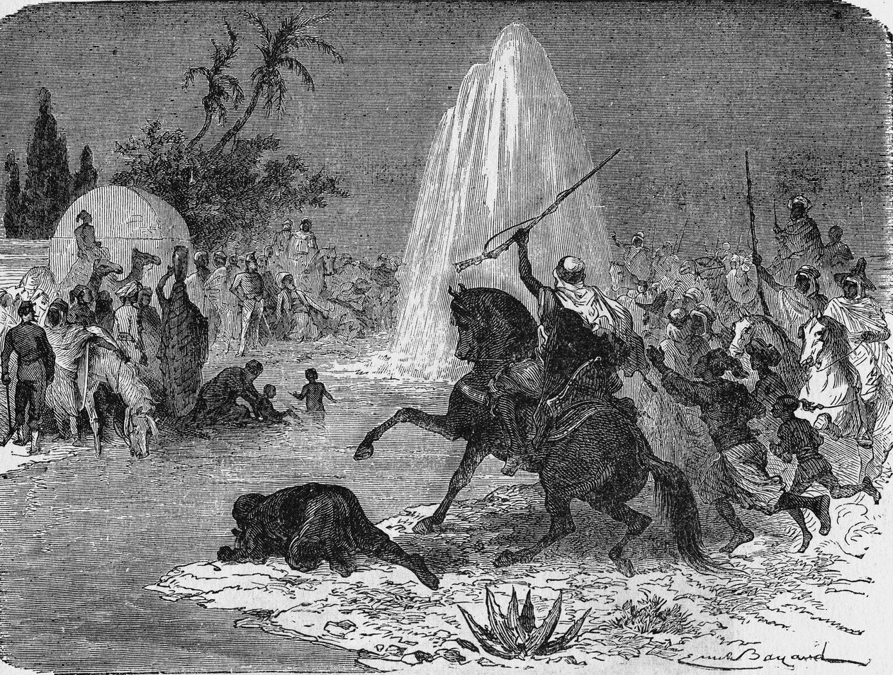 Joy of the Arabs at the sight of the flow of water from the Artesian well of Sidi-Rached, forged by the French, in the Sahara desert. In” Album de la Science””, Éditions Jouvet av Unknown artist