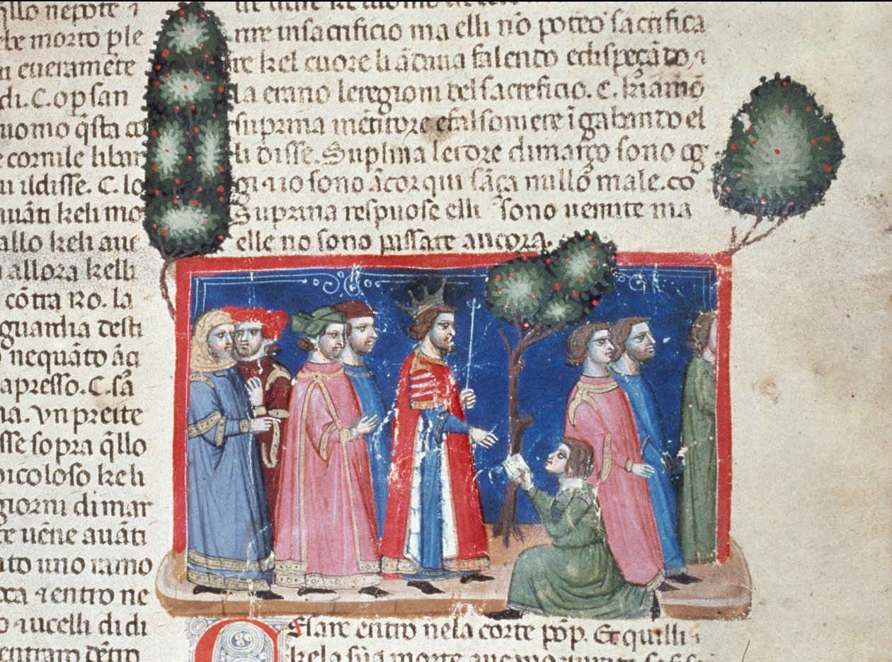 Jules Cesar (101-44 f.Kr.) lærte fremmanelsen av Catilina i 63 f.Kr., politisk konspirasjon for å detronere ham Detalj av en manuskriptside "" Facts of the Romans"" (Ms 1538, fol 50r) rundt 1340 Firenze, Biblioteca Riccardiana av Unknown artist