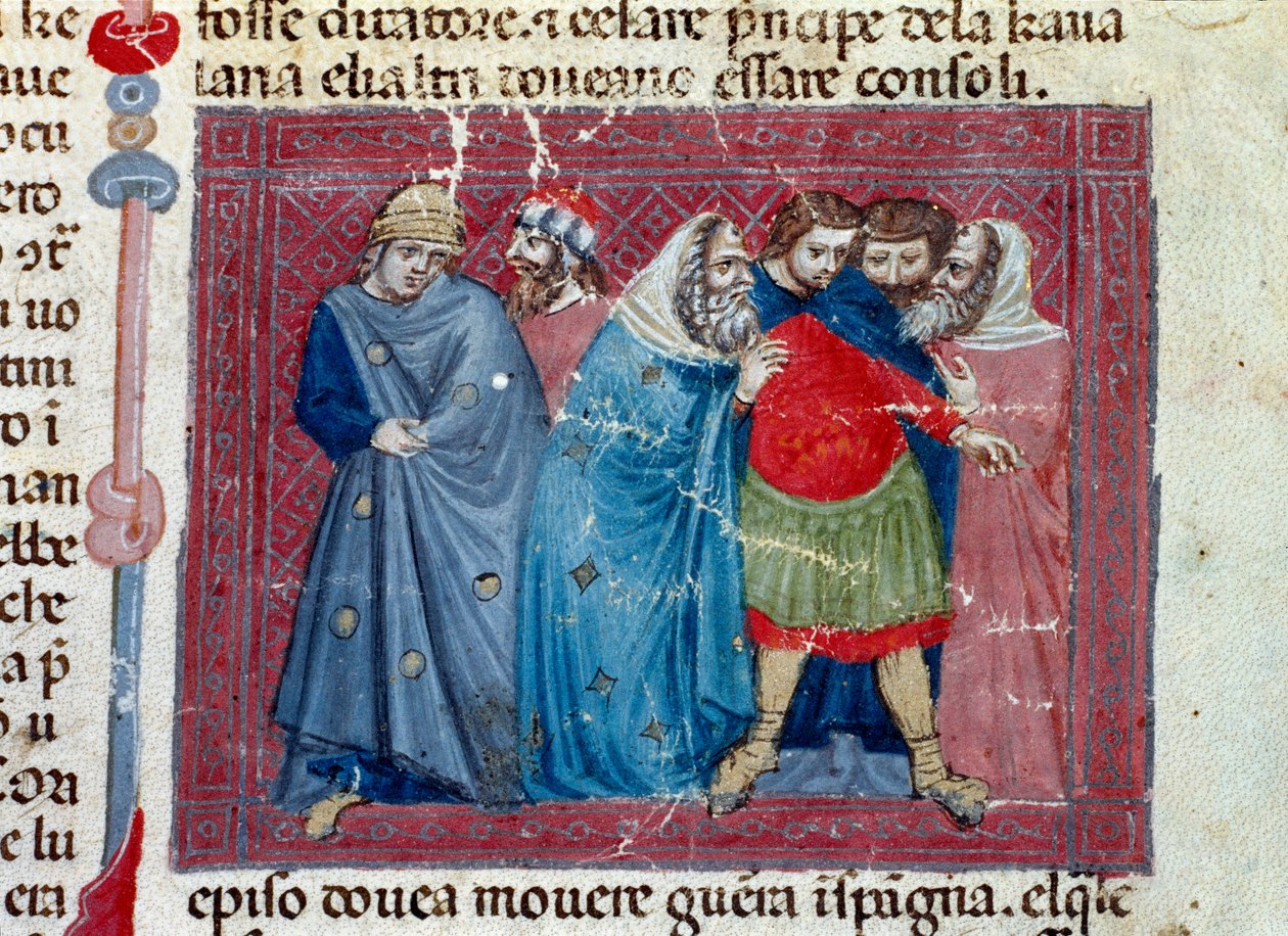 Jules Cesar (101-44 f.Kr.) på tronen Detalj av en manuskriptside "" Facts of the Romans"" (Ms 1538, fol 1v) rundt 1340 Firenze, Biblioteca Riccardiana av Unknown artist