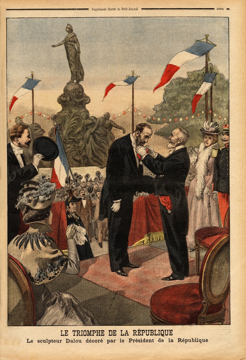 Jules Dalou (1838-1902) skulptør, dekorert æreslegionen av republikkens president Emile Loubet (1838-1929), i anledning innvielsen av statuen "Republikkens triumf"" på Place de la Nasjon i Paris. Gravering i "" av Unknown artist