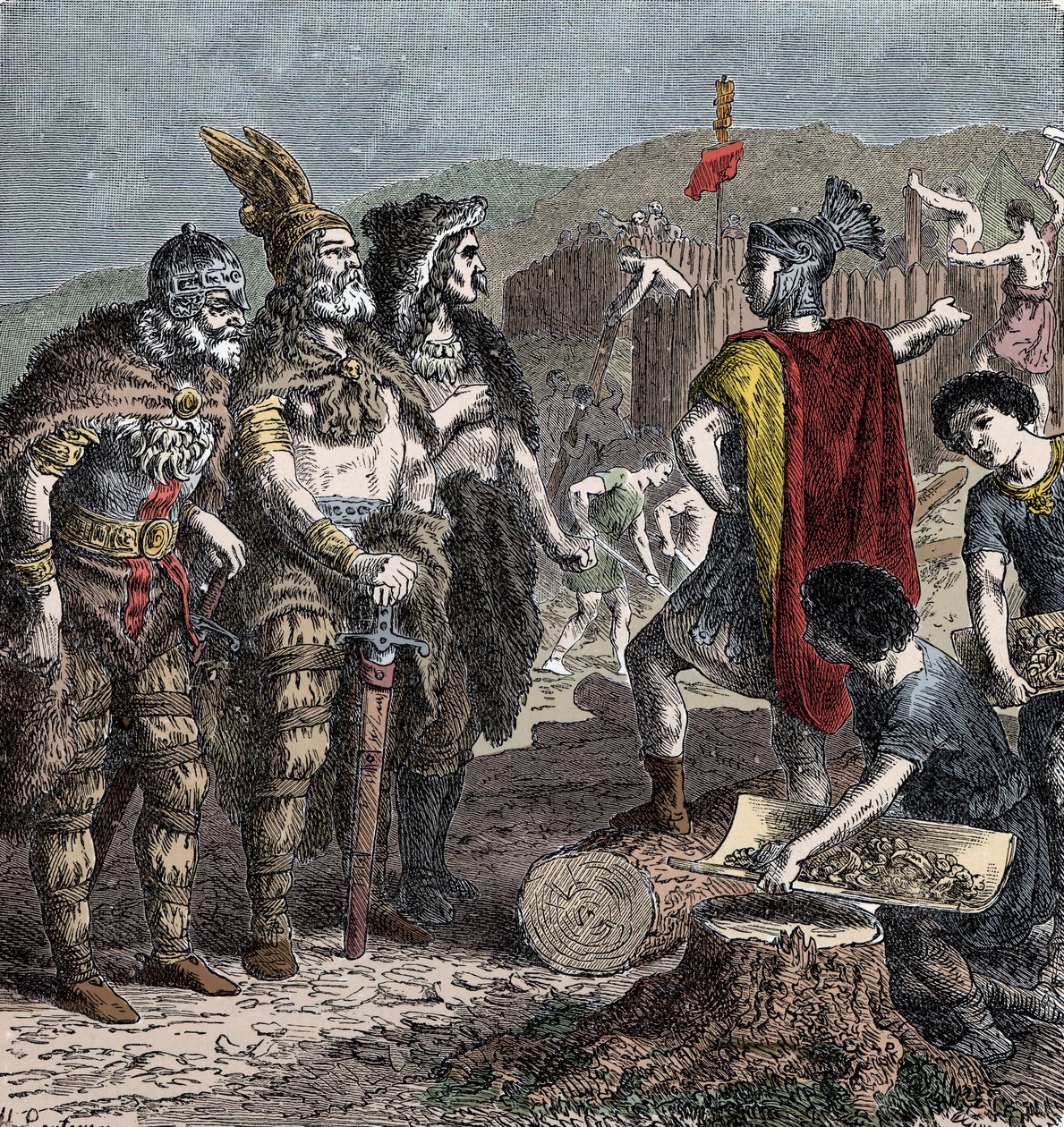Julian og Frankish Chiefs - Møte mellom keiser Julian og Franco Chiefs - (Flavius Claudius Julianus (331-363), kalt Julian the Apostate, også kalt Julian the Philosopher eller Julian II eller Julian the Emperor) - gravering fra slutten av det 19. århundre av Unknown artist