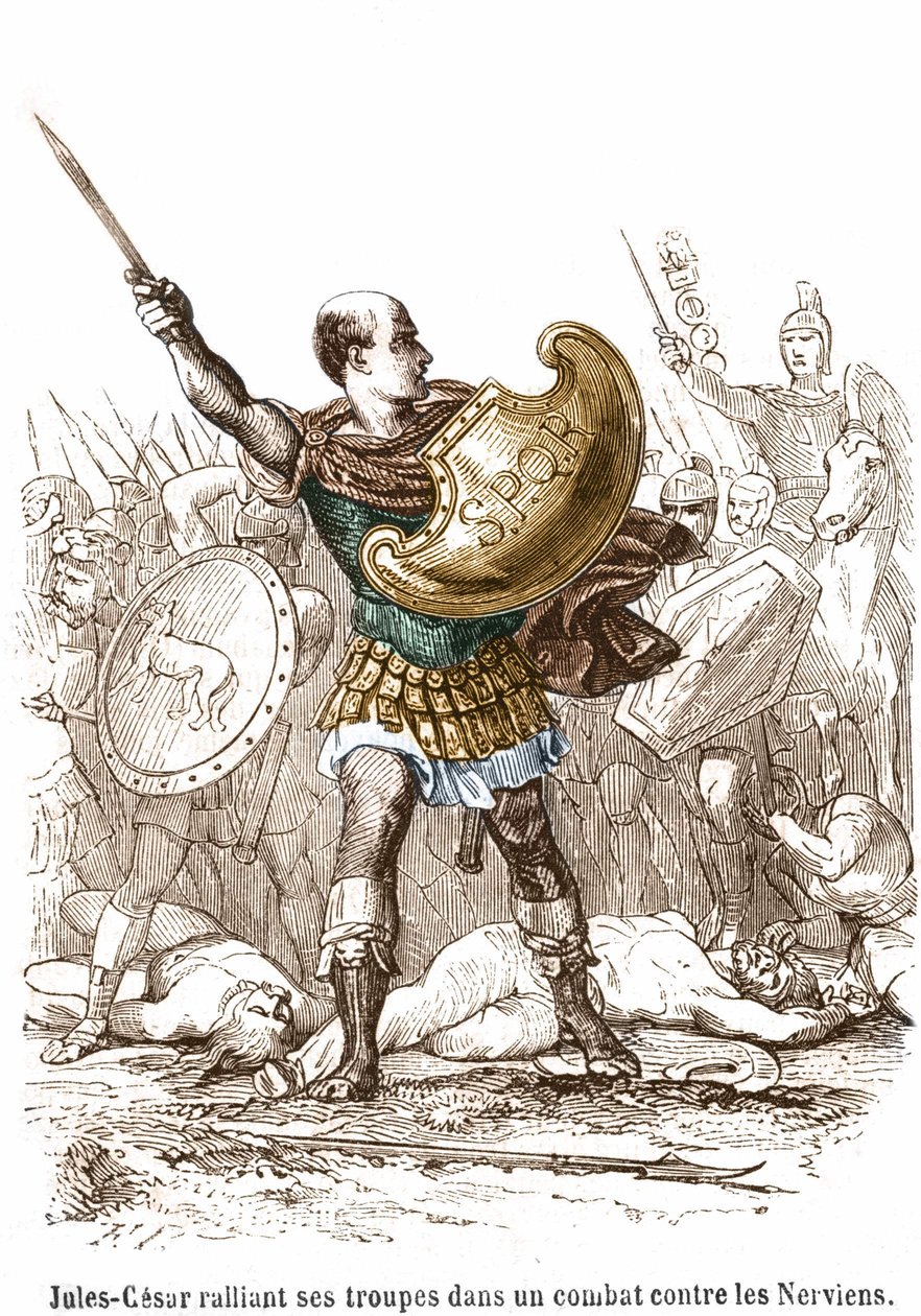 Julius Caesar samler troppene sine i en kamp mot Nerviens - gravering av Unknown artist