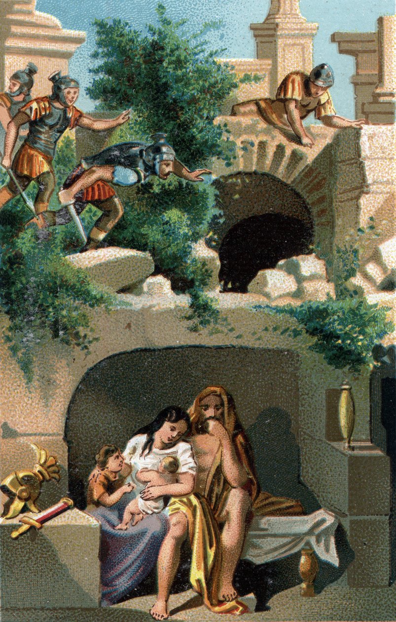 Julius Sabinus (Gauls of the Lingons people) and his wife Eponine remain hiding for nine years with their children in an underground and then discovered, they are taken to Rome along with his two twin sons. Late chromolithography of the 19th century. av Unknown artist