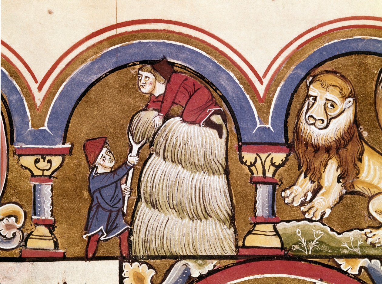 Juli: Landbruk: bønder som høster. Detalj av en miniatyr hentet fra "" The Psalter of Saint Elizabeth""" Cividale fra 1200-tallet, Museo Archeologico av Unknown artist