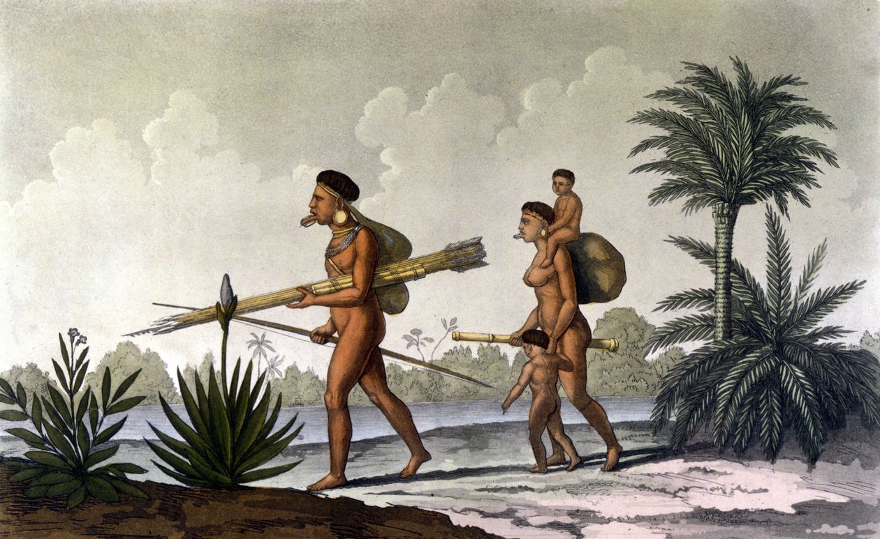Kerengnatnuck, sjef for Botocudos, og hans familie (Brasil) - i "Det gamle og moderne kostymet"" av Ferrario, red. Milan av Unknown artist