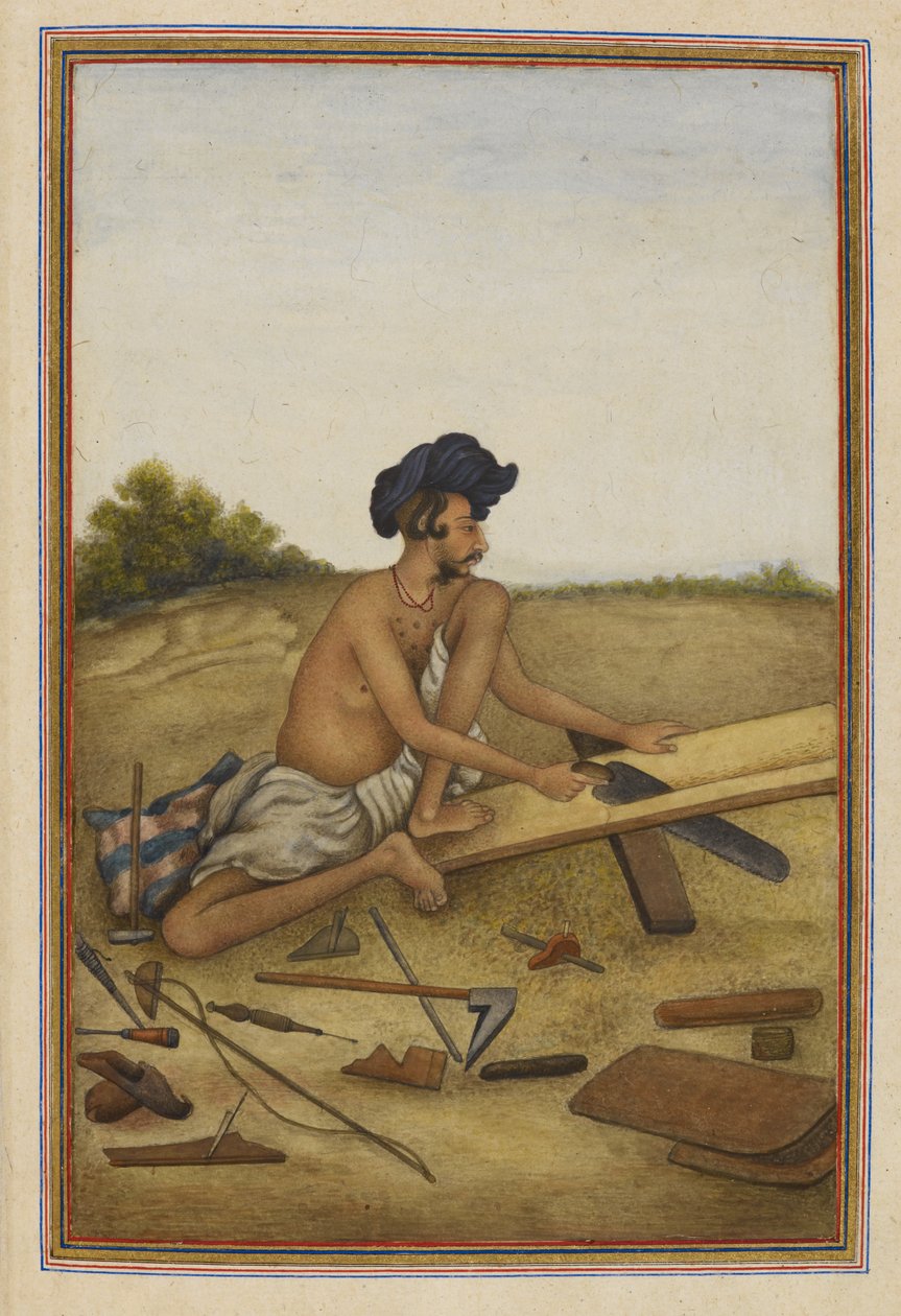 Khati eller Tarkhan, snekkerkaste av Panjab. Mann sager en planke. av Unknown artist