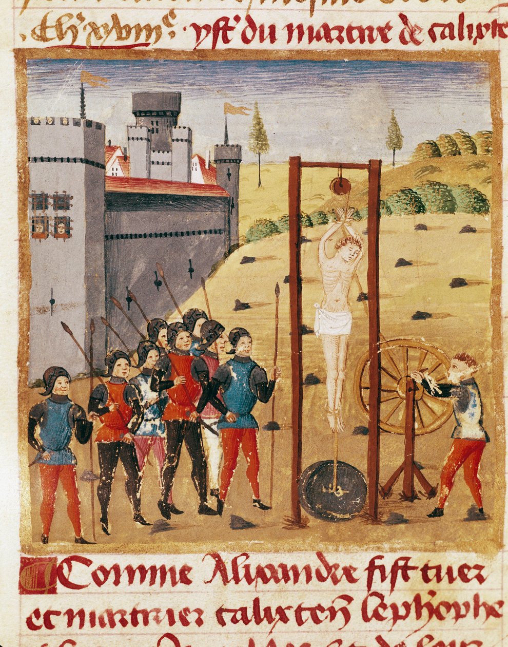 Kong Alexander den store (356-323 f.Kr.) deltar på henrettelsen av den edle Calixten Cephobe ved å henge""" Miniatyr hentet fra "" Book of Facts of Alexander the Great""" av Quintus Curtius Rufus (1. århundre) (ms 1335, fol. 167 v av Unknown artist