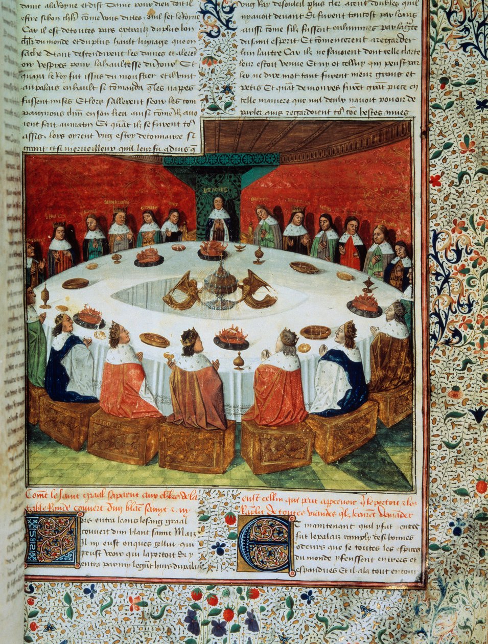 Kong Arthur og ridderne av det runde bordet deltar på fremkomsten av den hellige gral. (Kongen Arthur og Knights of the Round Table) av Unknown artist