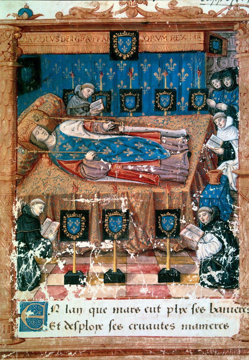 Kong Charles VIII (1470-1498) på dødsleie 8/04/1498 Miniatyr hentet fra en oversettelse av "" L