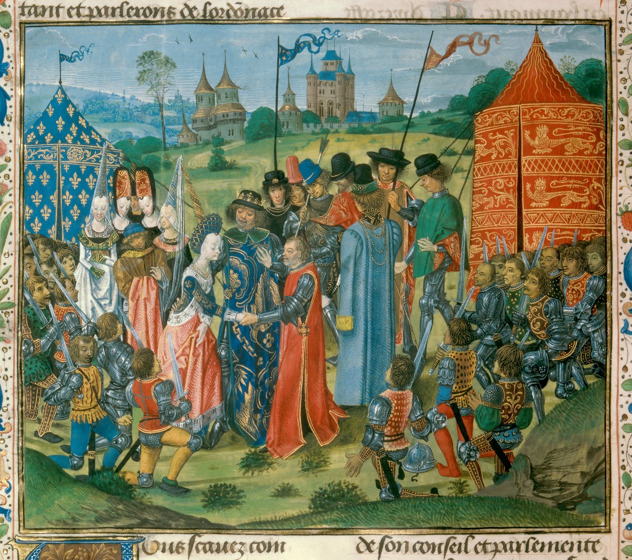 Kong Charles VI (1368-1422) overleverte datteren Isabella av Frankrike (1389-1409) til Richard II (1367-1400) konge av England før Assembly of French and English Lords Miniature fra "Chronicles" av Jean Froissart (1337- 1400) Paris fra 1400-tallet. B.N. av Unknown artist