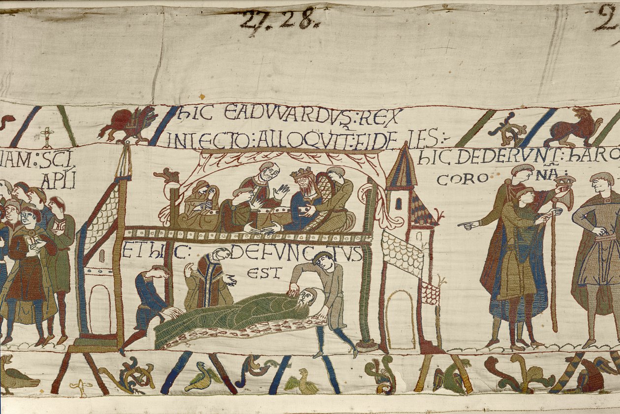 Kong Edward Bekjenneren på sitt dødsleie, Bayeux-teppet (ullbroderi på lin) av Unknown artist