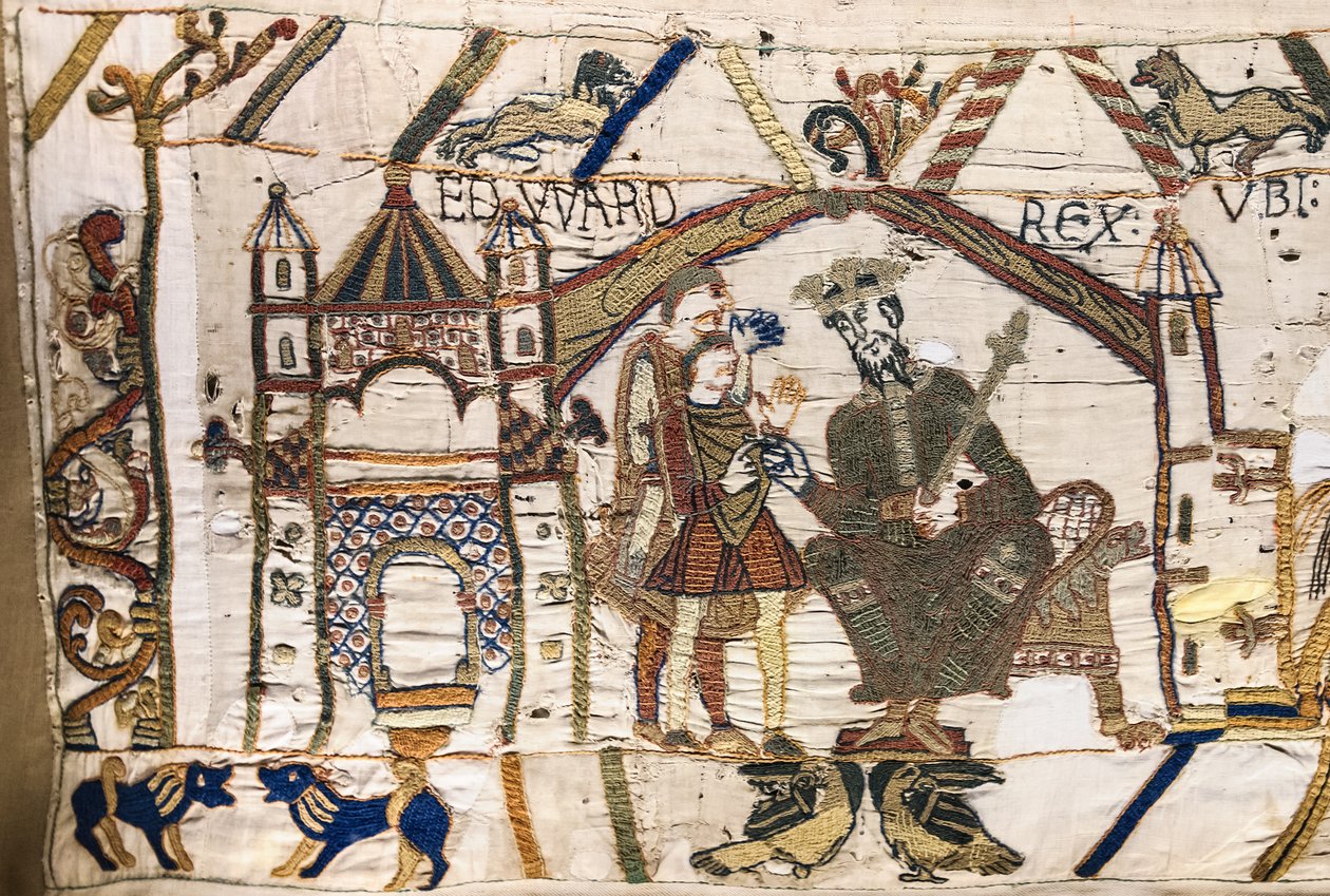 Kong Edward Bekjenneren sender Harold til Normandie, Bayeux-teppet (ullbroderi på lin) av Unknown artist