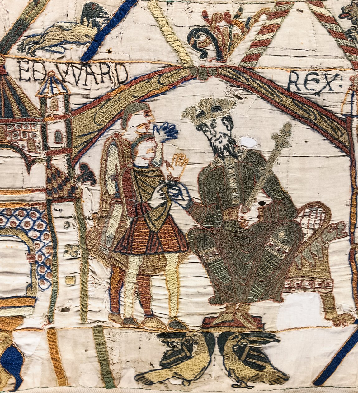 Kong Edward Bekjenneren sender Harold til Normandie, Bayeux-teppet (ullbroderi på lin) av Unknown artist