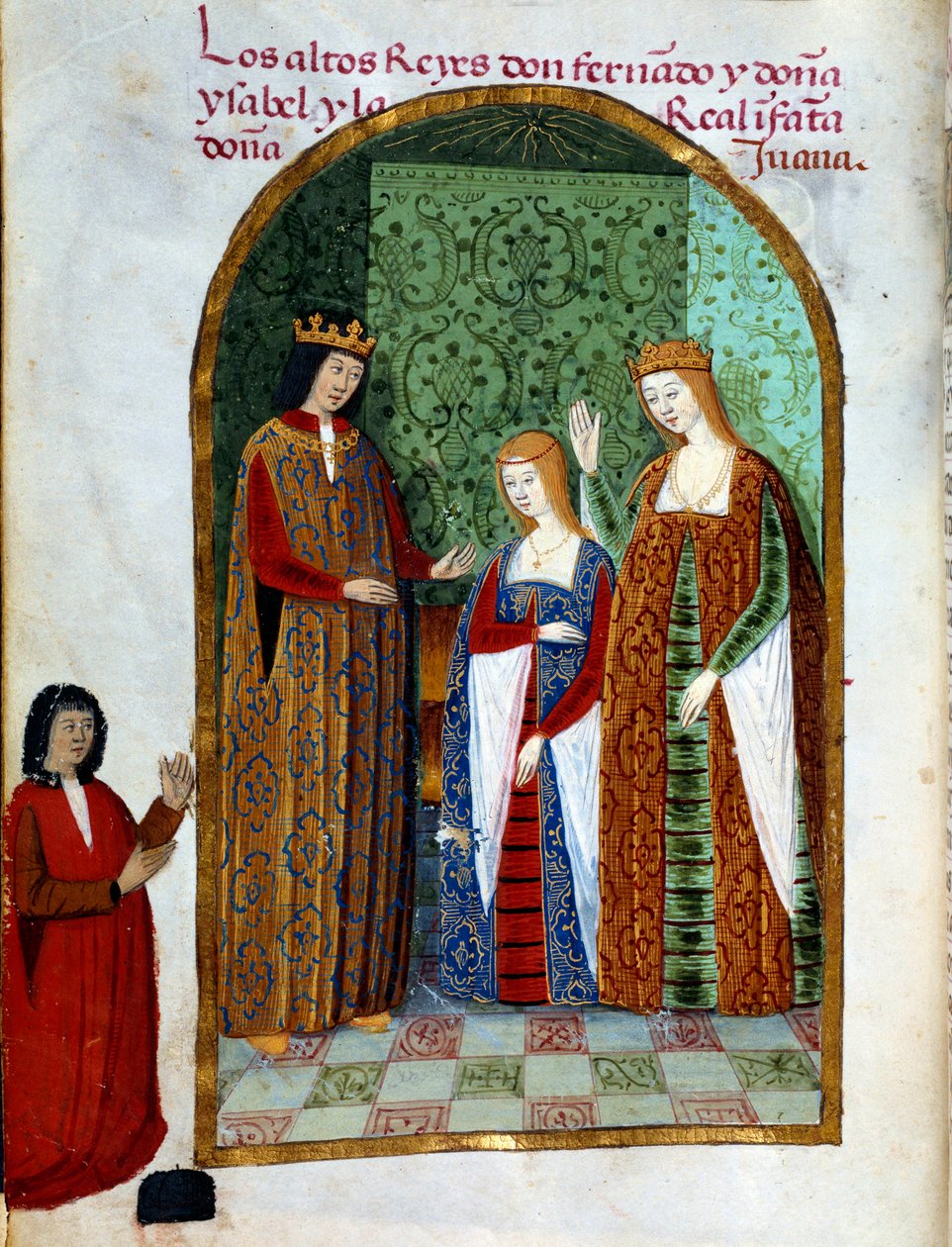 Kong Ferdinand II, konge av Aragon og Sicilia (1452 - 1516), Joan, dronning av Castilla (1479 - 1555) og Isabella I av Castilla (også kjent som katolikken), dronning av Spania (1451 - 1504). Miniatyr i "" Andakt om dronning Da Juana som de kalte galningen" av Unknown artist