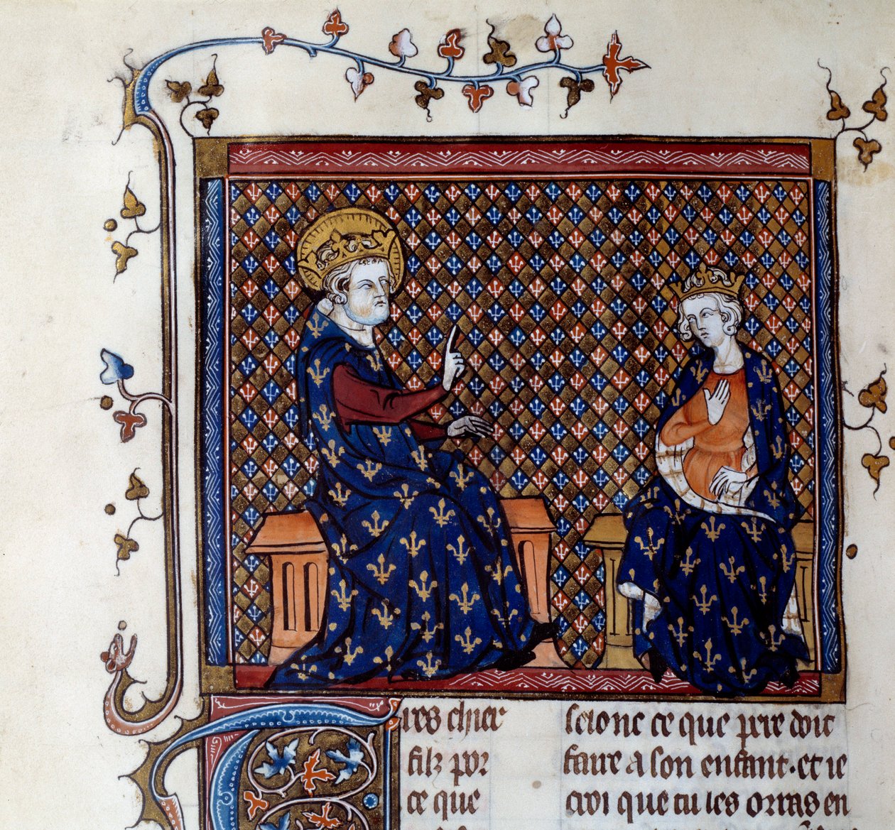 Kong Ludvig IX (1214-1270) lærer kongens mester til sønnen sin, fremtidige Philip III-miniatyr fra et manuskript fra 1300-tallet. Chantilly, Conde-museet av Unknown artist