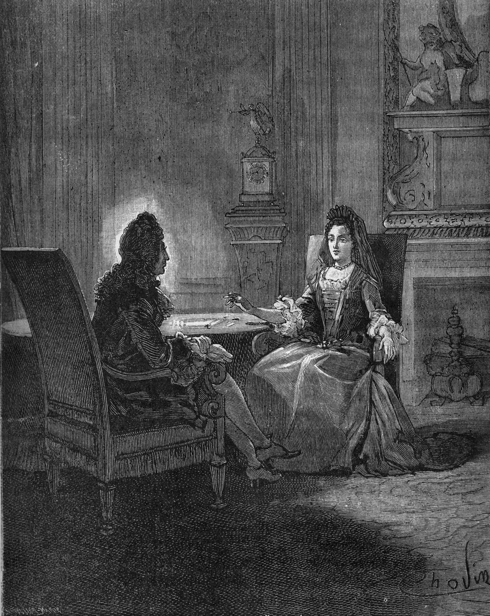 Kong Louis XIV (1638-1715) snakker med sin fremtidige kone, Madame de Maintenon (Francoise d