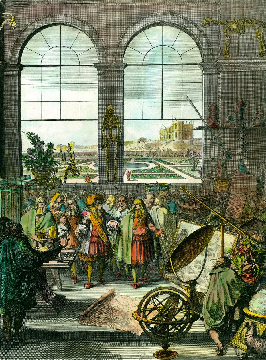 Kong Ludvig XIV (1638-1715) besøker stedet, i bakgrunnen Paris-observatoriet som fortsatt er under bygging. Ulike vitenskapelige instrumenter, armillarkuler, skjeletter, kart, astronomiske linser, globus, utstoppede dyr er til stede. Frontispice av "" Natu av Unknown artist