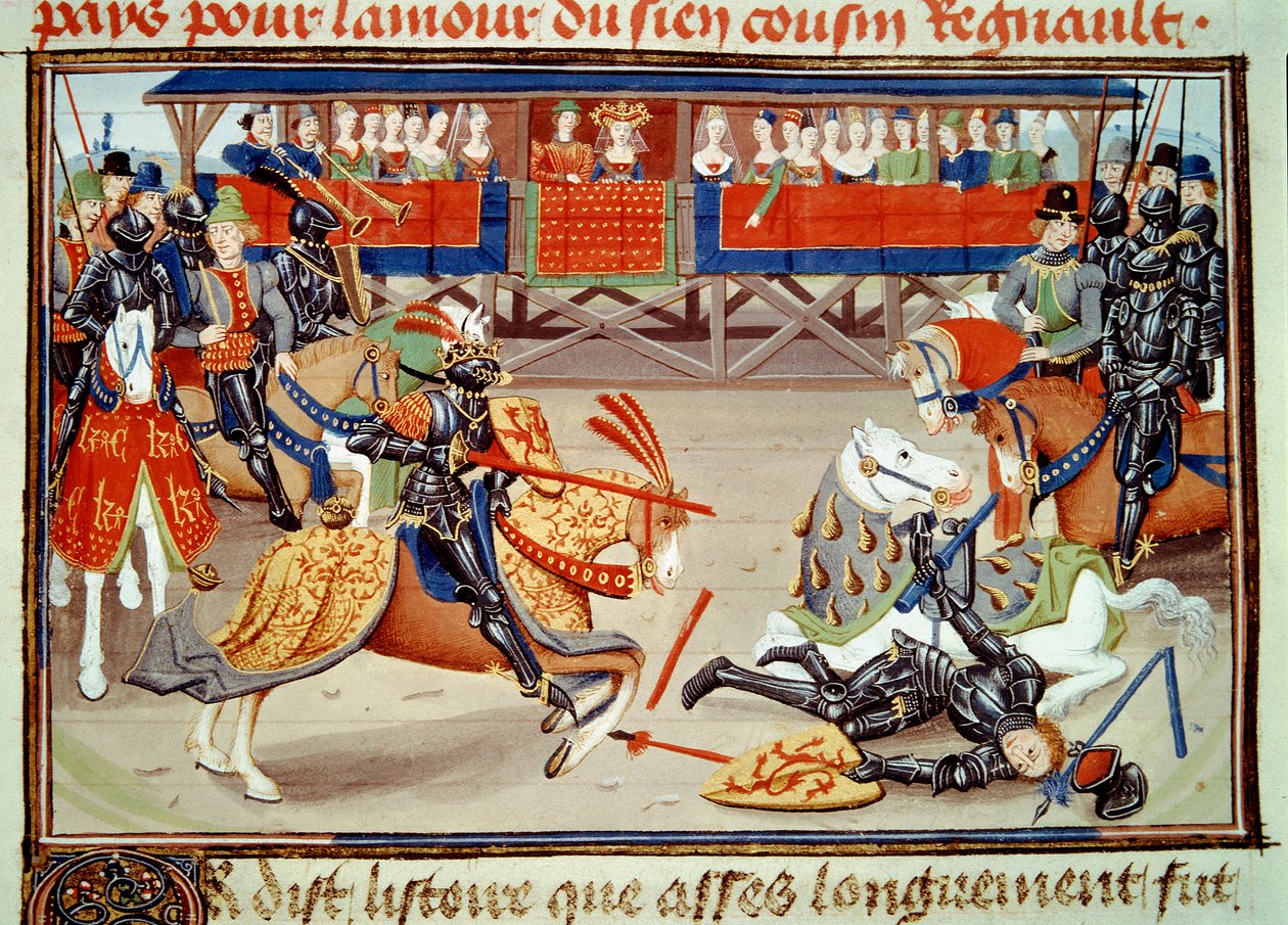King Richier desarconnnant guichart of the moree under en turnering. (Miniatyr, v.1462-1470) av Unknown artist