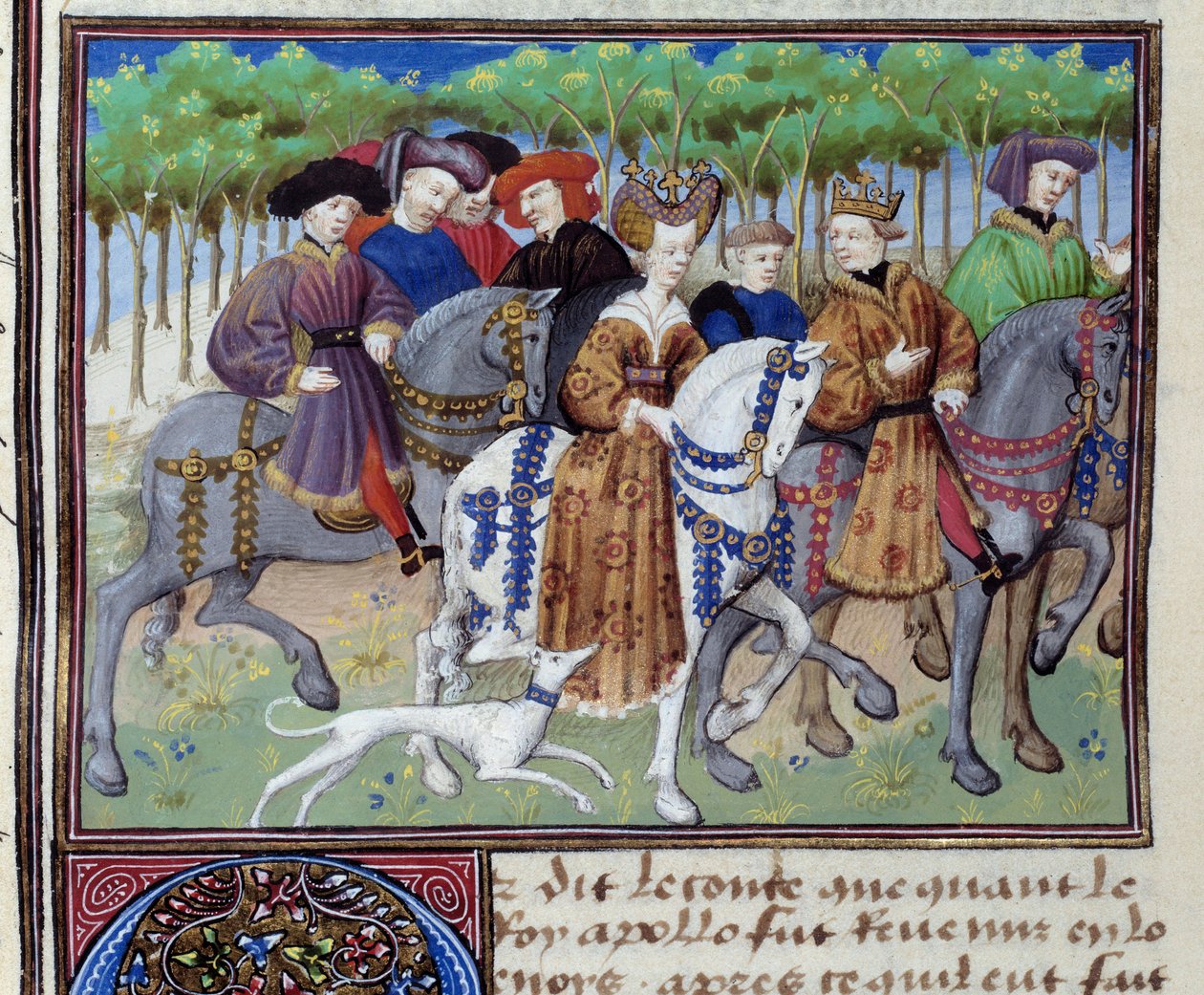 Konge og dronning går på jakt (Philip VI av Valois og Blanche av Navarre (?)) Miniatyr fra Le livre de la chasse"" av Gaston III Phoebus, greve av Foix, Lord of Bearn (1331-1391) av Unknown artist