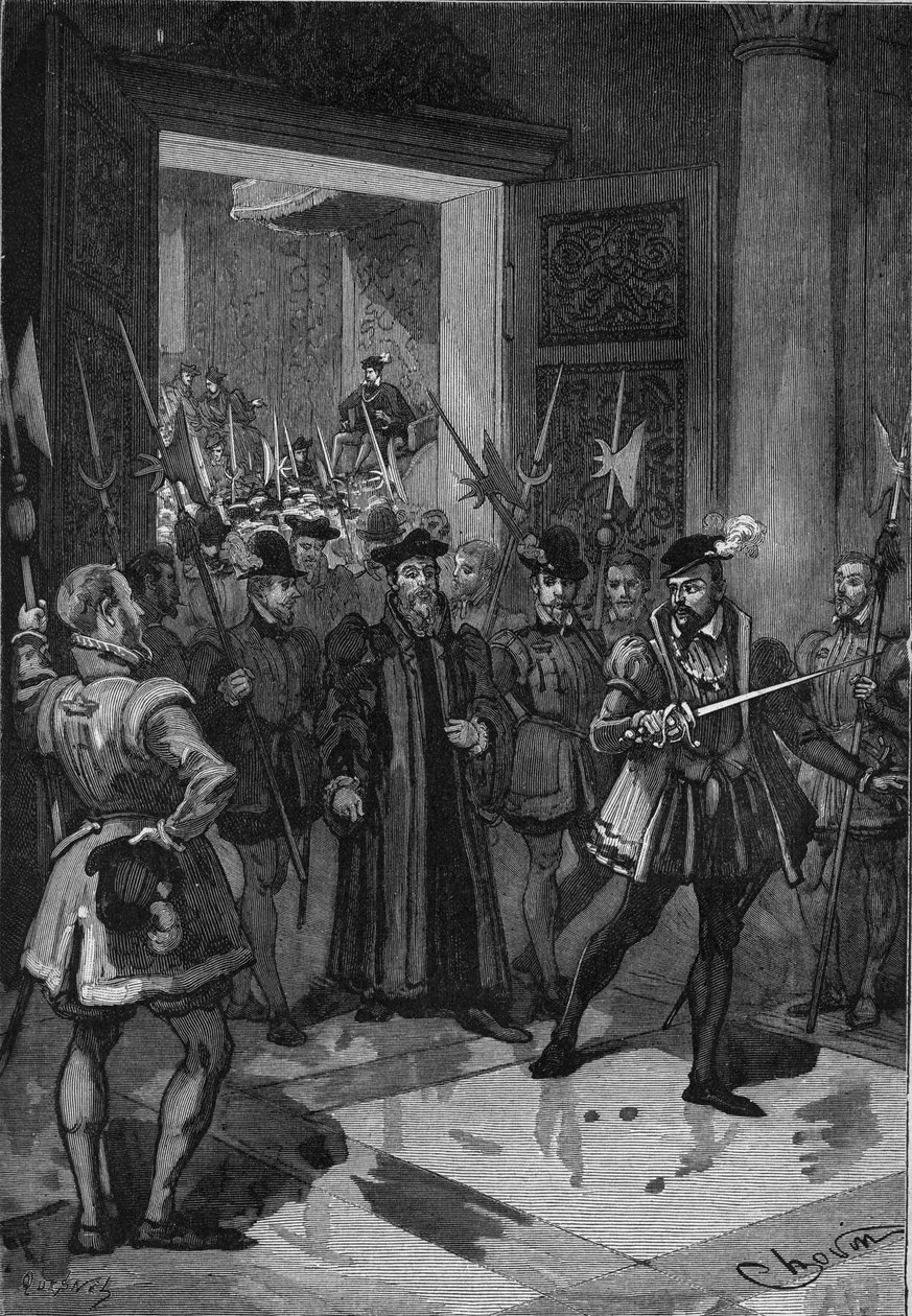 Kongen av Frankrike Henry II (1519-1559), i sentrum, og beordret sin tilkobling til å gripe rådgiverne. Gravering fra 1800-tallet. I «Histoire de France» av Jules Michelet av Unknown artist
