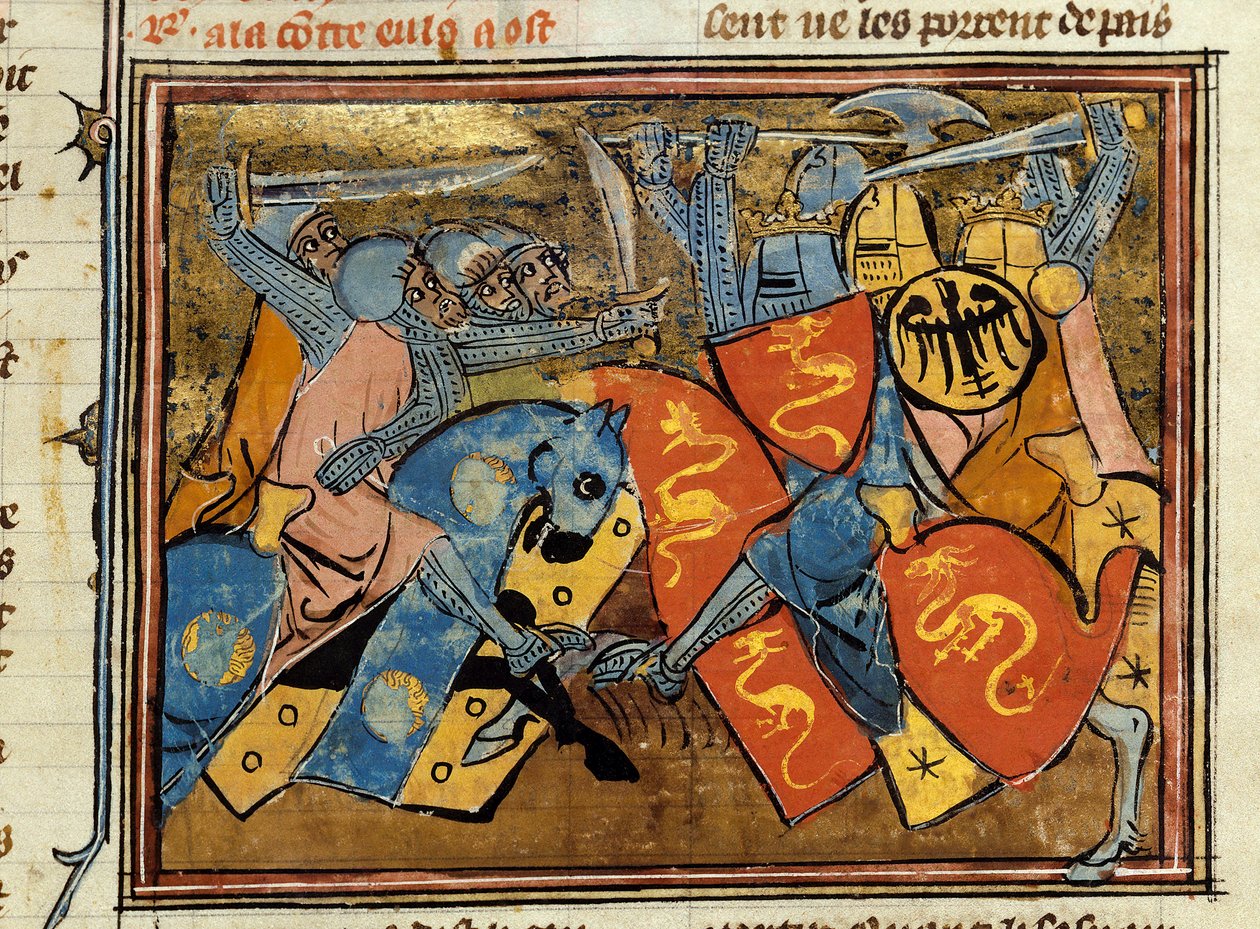 Riddere kjemper. Miniatyr hentet fra "" Histoire de Merlin"" av Robert de Boron (Borron) (ca. 1144-ca. 1170) av Unknown artist