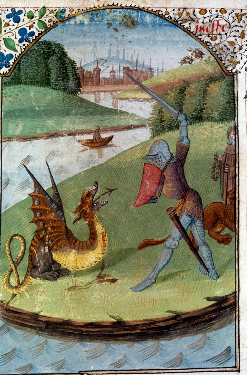 Knights of the Round Table: "Lancelot kjemper mot dragen"" Manuskript miniatyr "" Romanen til Lancelot du Lac"" av Unknown artist