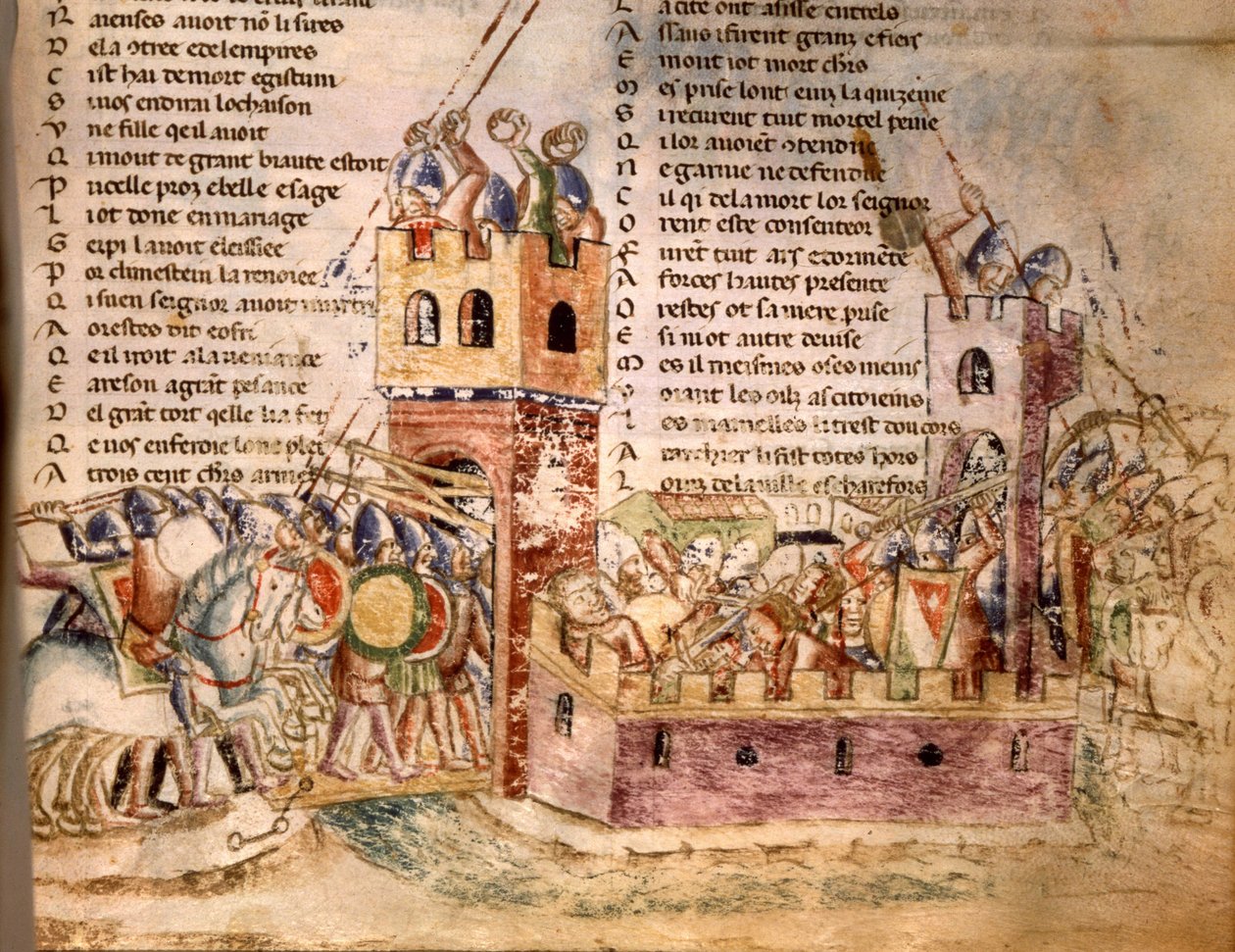 Riddere stormet et slott. 1100-talls manuskript. Bibl. Marciana Venezia. av Unknown artist
