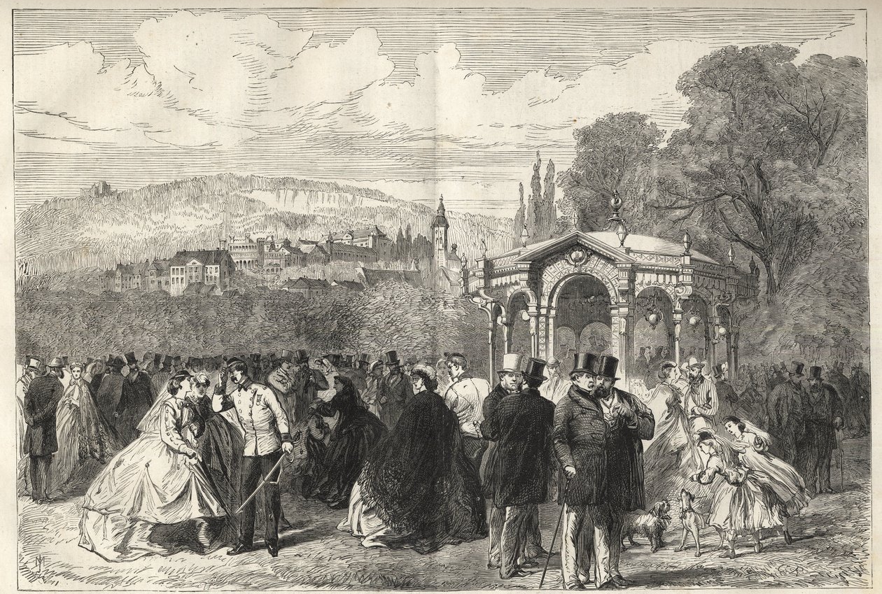 Konversationshaus - Baden Baden (Baden-Baden), Tyskland - Turen foran samtalehuset - Generell utsikt over Baden-Baden fra hagene til House of Conversation - 1867 av Unknown artist