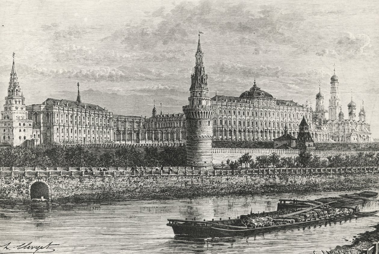 Kreml i Moskva, Russland, gravering fra Free Russia av Unknown artist