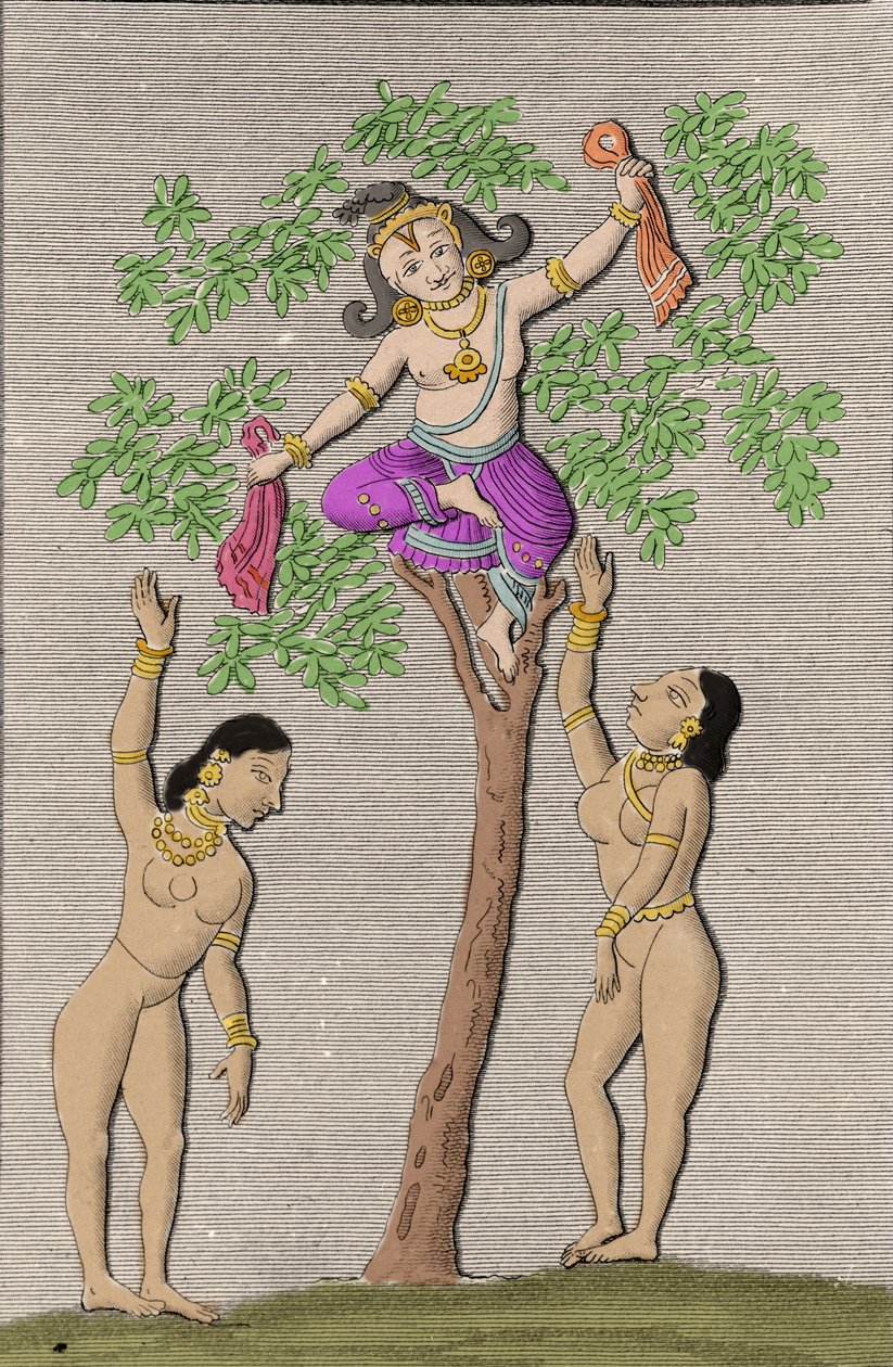 Krishna flyr med to gopis. gravering i ""Ancient and Modern Monuments of Hindustan"" av L.M. Langles, Paris 1821. av Unknown artist
