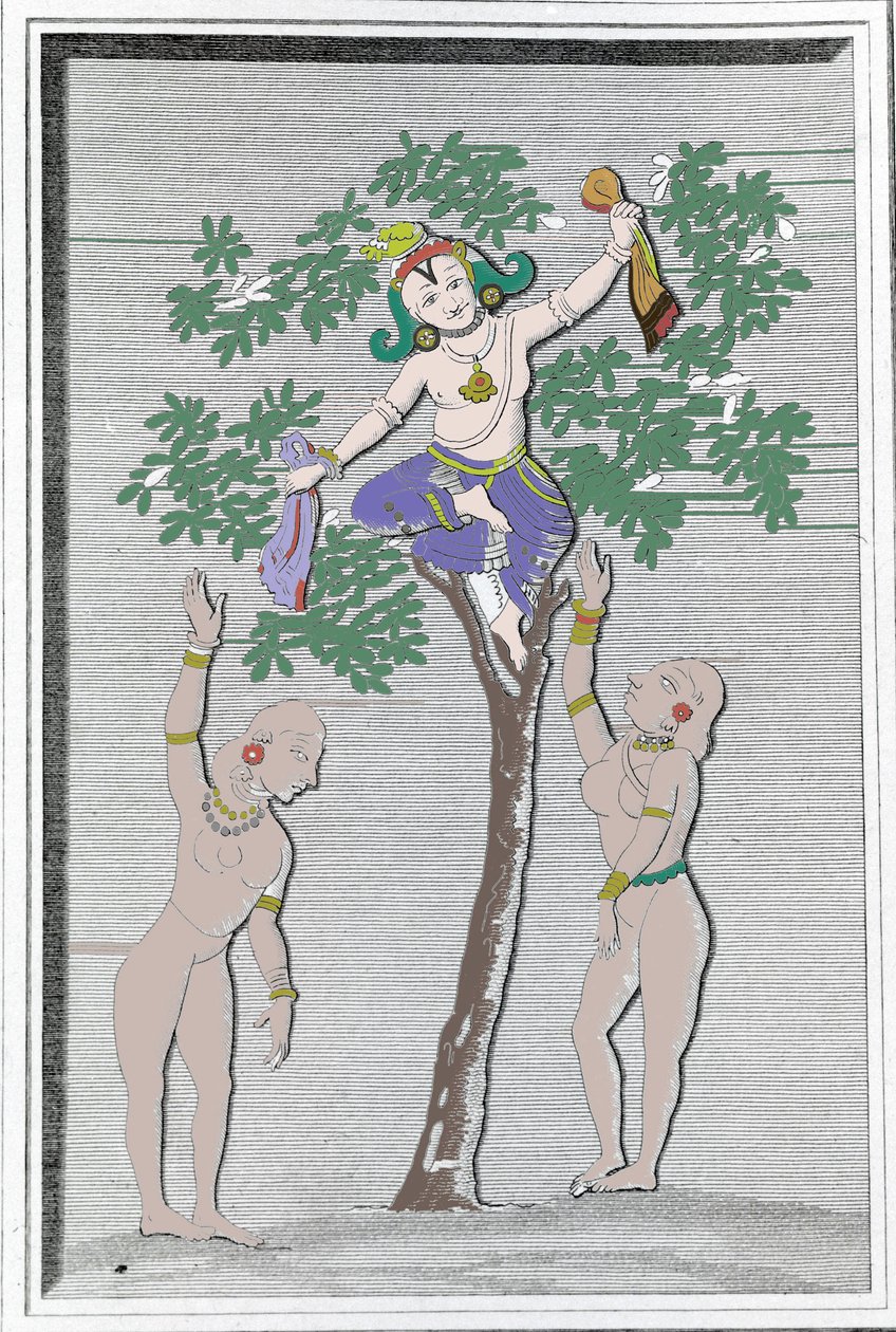 Krishnah stjeler kjolene til to gopi. L. M. Langlès: "" Gamle og moderne monumenter i Hindustan" Paris av Unknown artist