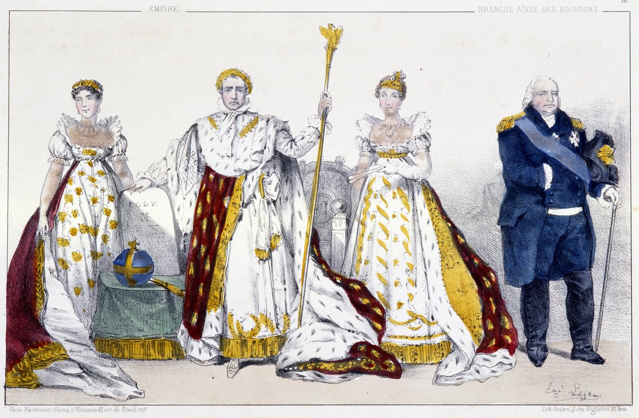 Empire and the Bourbons: Josephine de Beauharnais (1763-1814) og Napoleon I Bonaparte (1769-1821), Marie Josephine de Savoie (1753-1810) og Louis XVIII dit Le Desire (1755-1824) - Plate hentet fra konger og Dronninger av Frankrike i trykk, Paris, red. Svei av Unknown artist