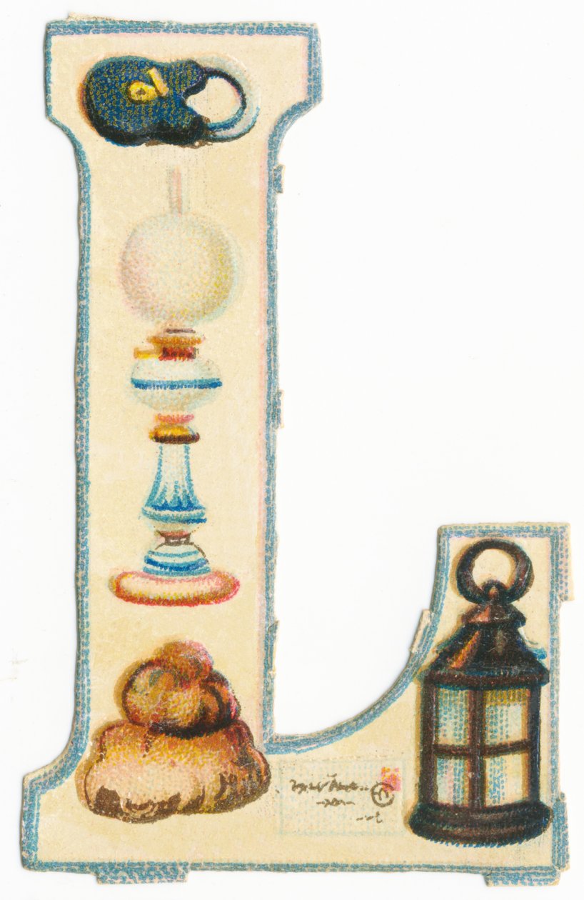 L: lås, lampe, masse, bokstav, lanterne (farge litho) av Unknown artist