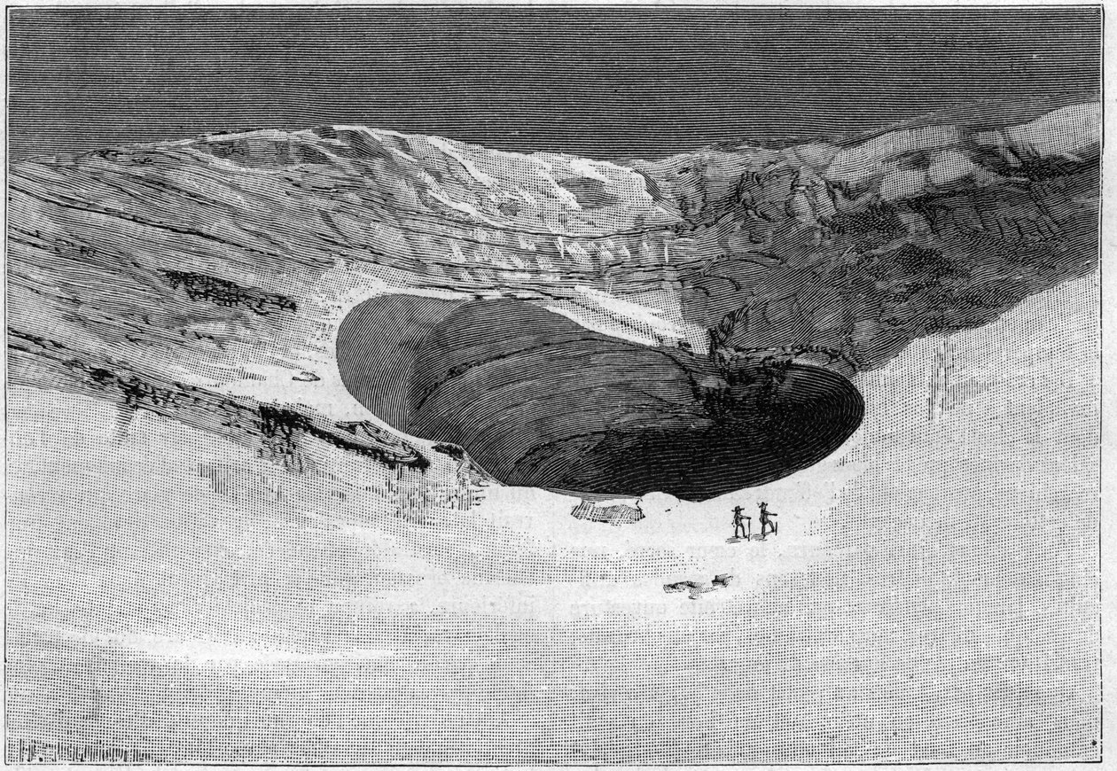 La Catastrophe de Saint-Gervais (Saint Gervais) eller katastrofen til Tete Rousse-breen (departementet Haute-Savoie) (12.-13. juli 1892) - Glacier de Tette-Rousse - indre hule og vegg for å rive breen, gravering i " «Nature»» - 20. august av Unknown artist