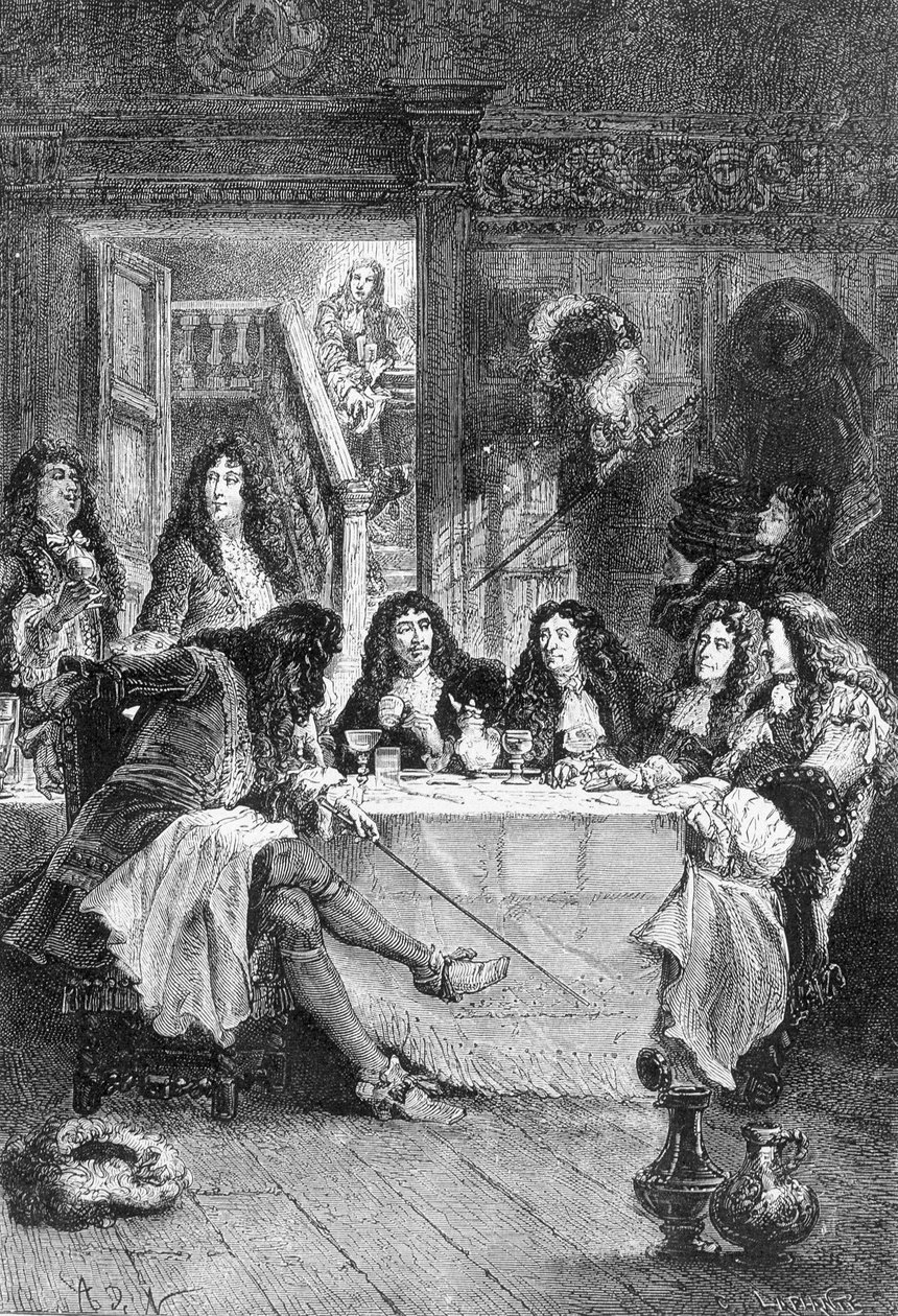 La Fontaine, Boileau, Molière og Racine spiser på kabareten - i "Histoire de France siden de fjerneste tider til 1789" av M. Guizot av Unknown artist