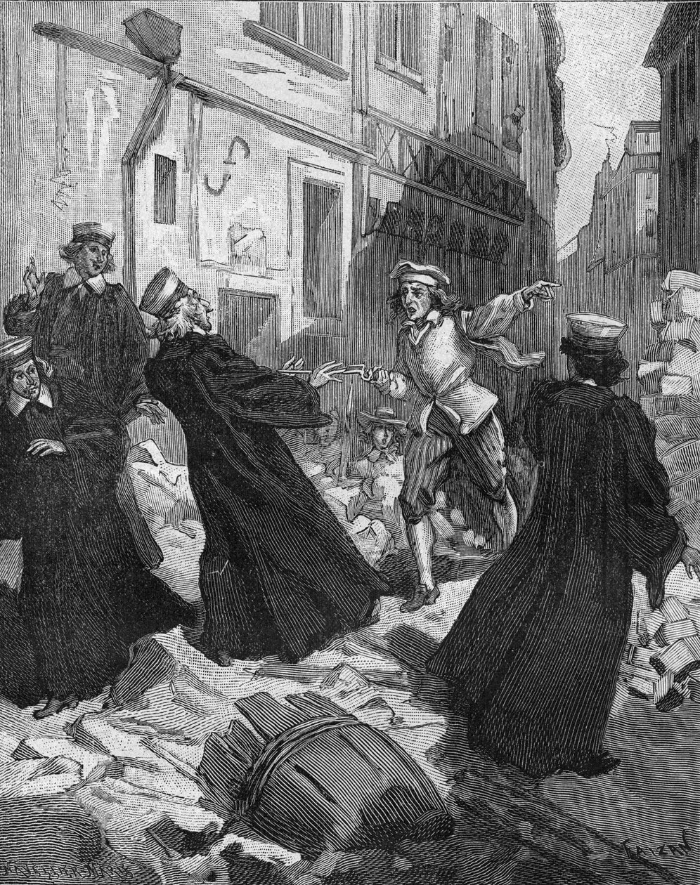 La Fronde (27 August 1648) - barricades in Paris: a rotor boy threatening the President of Parliament, Mathieu Molé (1584-1656). Engraving of the 19th century. In “Histoire de France” by Jules Michelet av Unknown artist