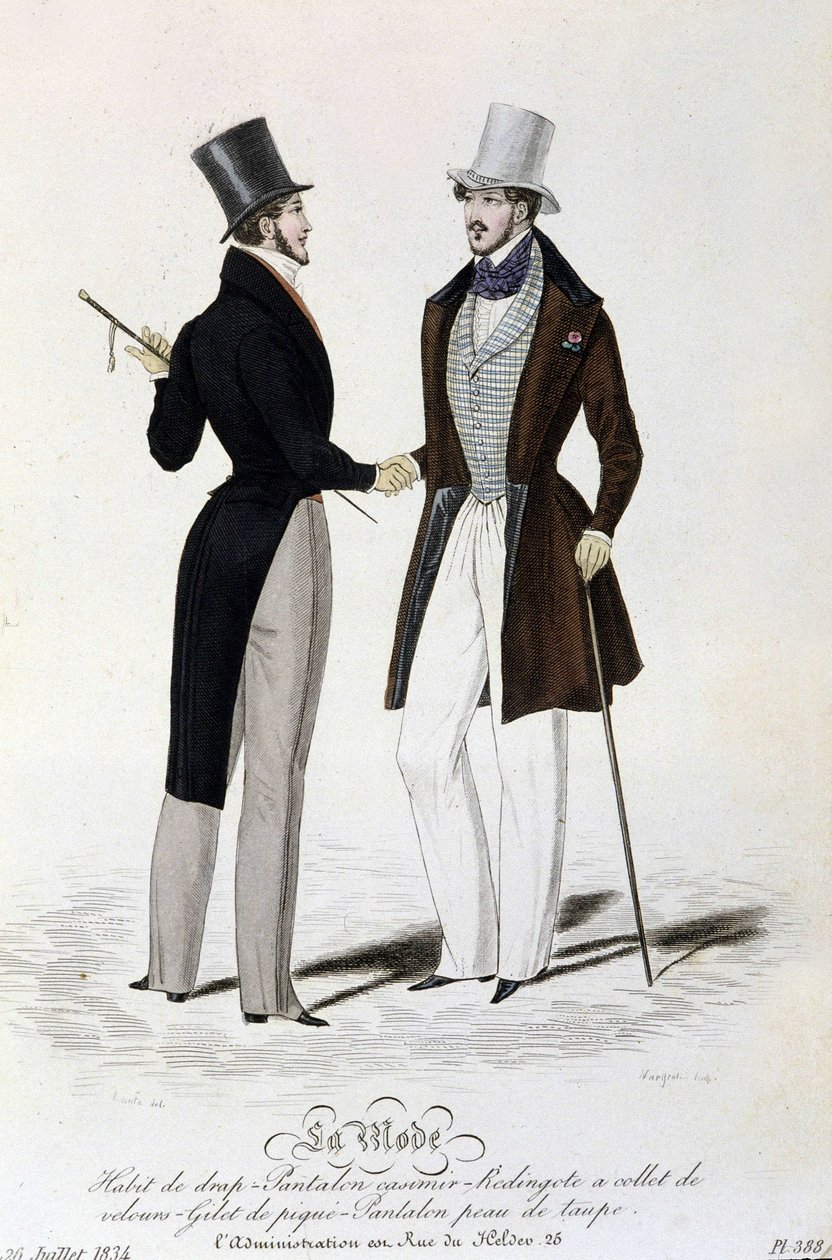 La Mode du 26 juillet 1834: (maskulin mote) lakendress - bukse casimir - Redingote med fløyelskrage - vest av piké - bukser i brunfarget hud og topphatt. av Unknown artist